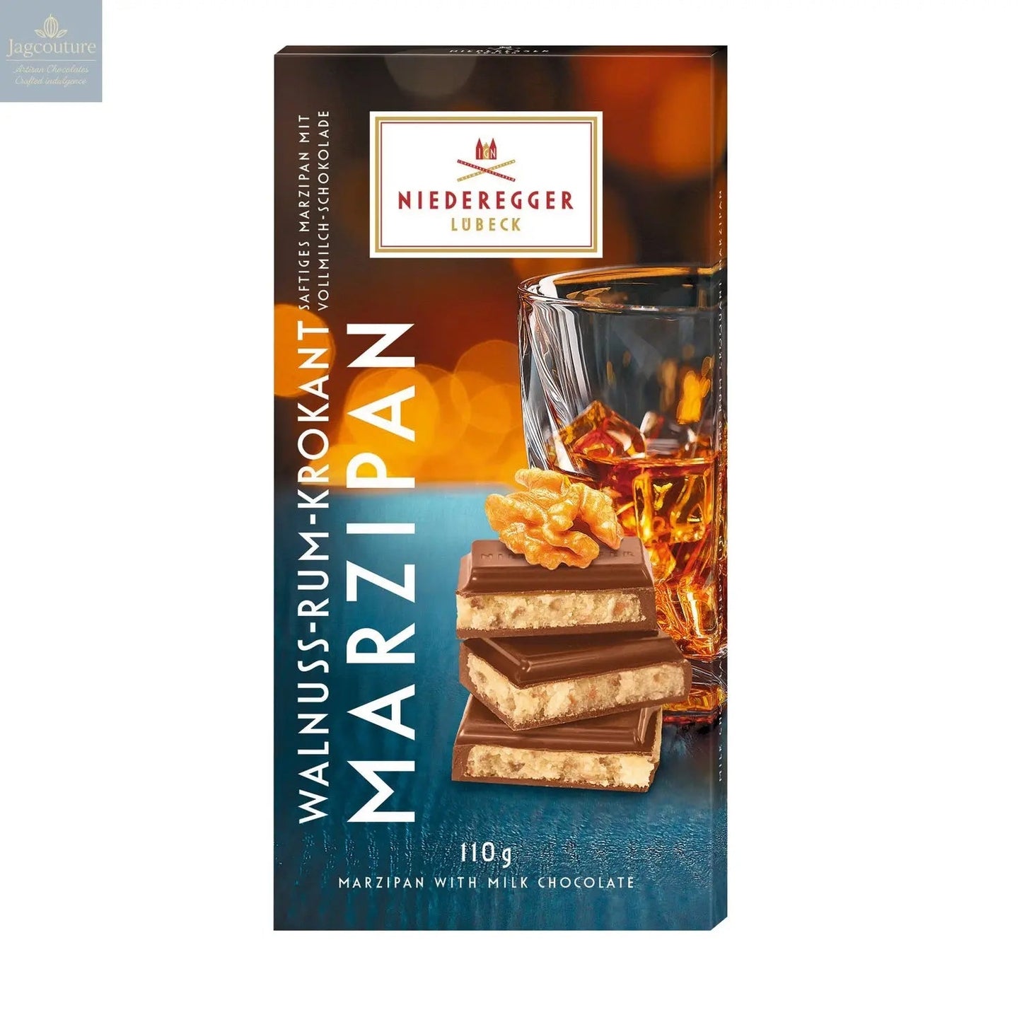 Milk chocolate covered walnut & rum croquant flavoured marzipan bar