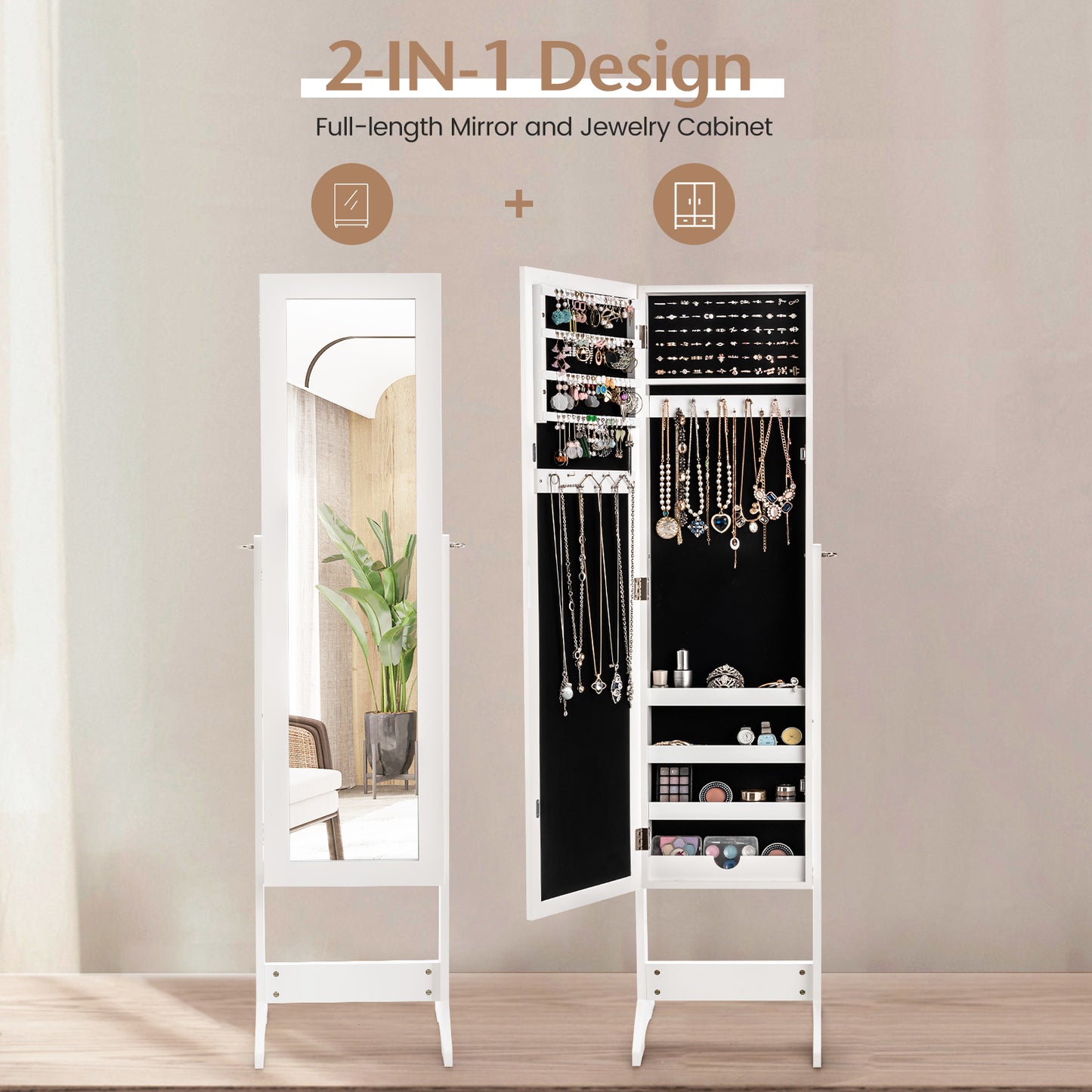 Mirrored Jewelry Armoire with Full-Length Mirror and 3 Tilting Angles-Black