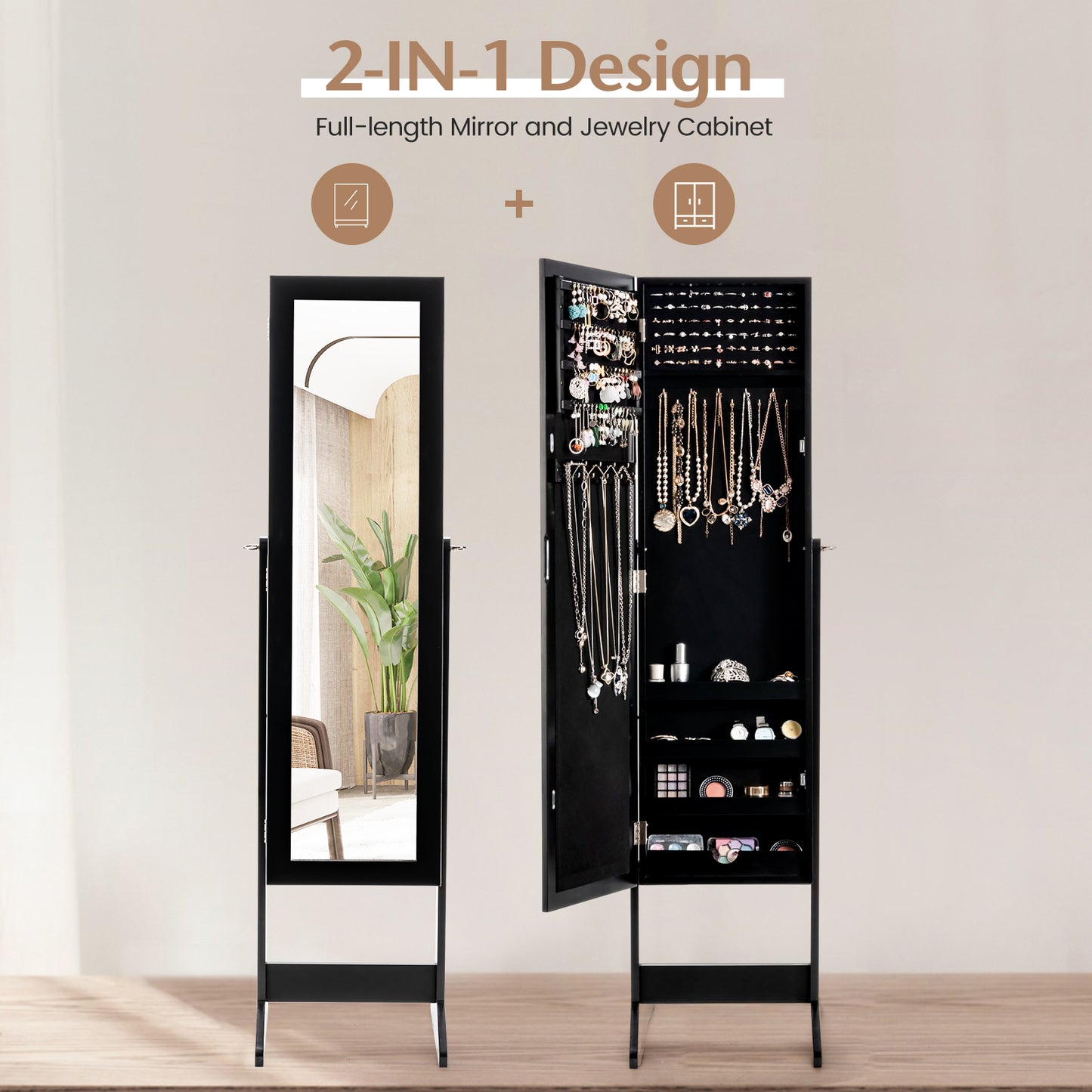 Mirrored Jewelry Armoire with Full-Length Mirror and 3 Tilting Angles-Black
