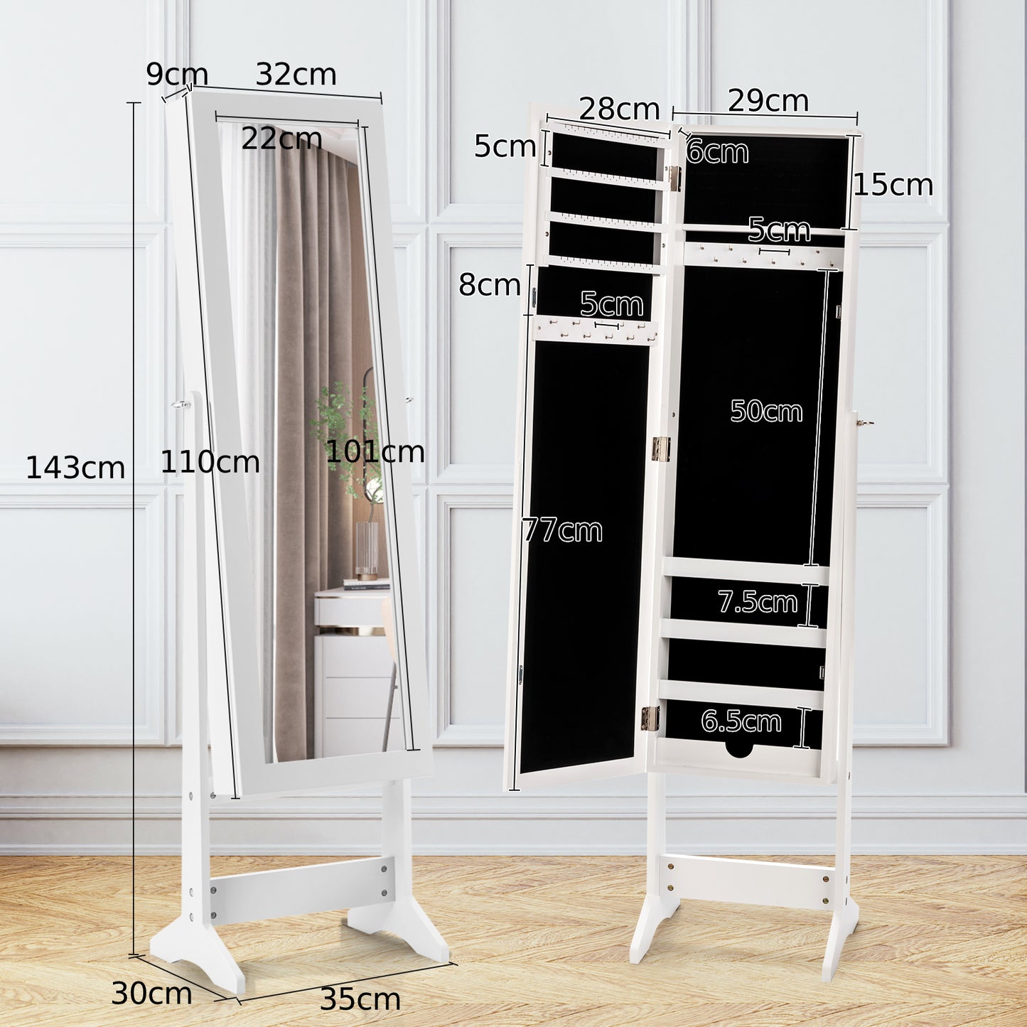 Mirrored Jewelry Armoire with Full-Length Mirror and 3 Tilting Angles-Black