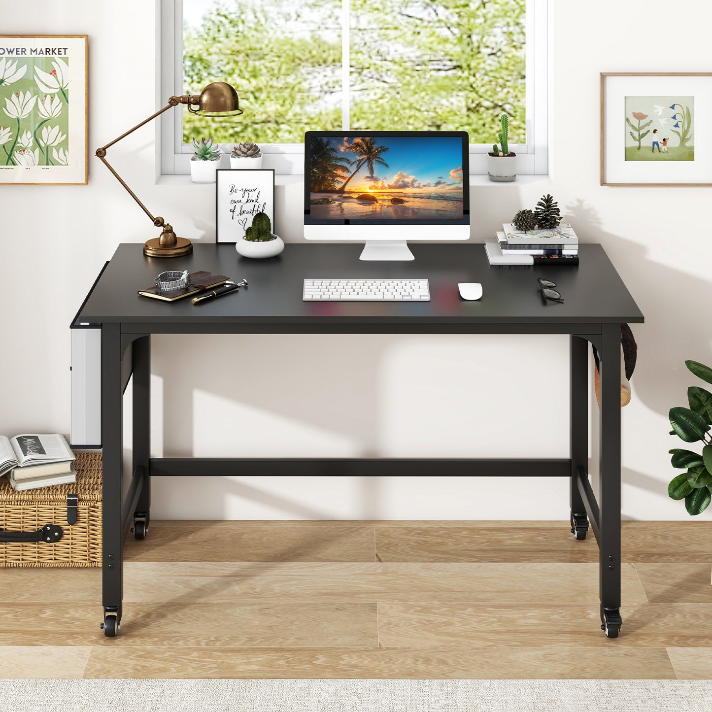 120cm Mobile Computer Desk with Storage Bag and 2 Headphone Hooks-Teak