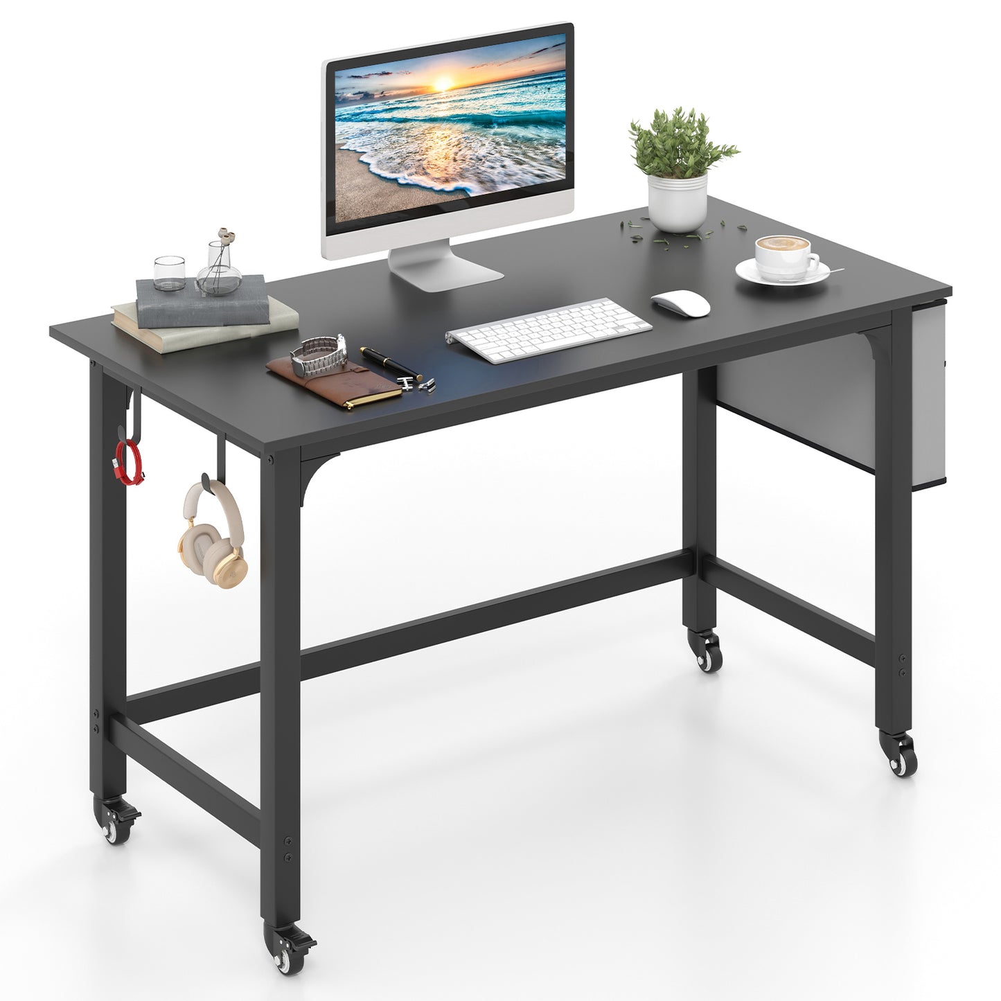 120cm Mobile Computer Desk with Storage Bag and 2 Headphone Hooks-Teak
