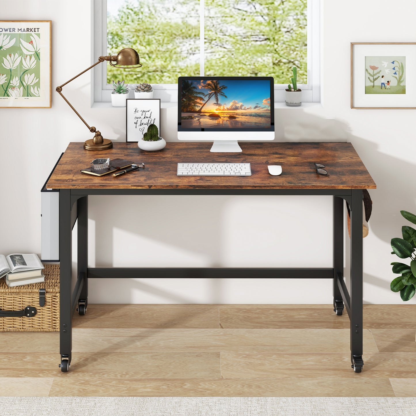 120cm Mobile Computer Desk with Storage Bag and 2 Headphone Hooks-Teak
