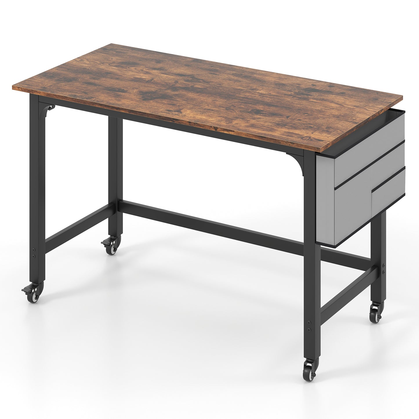 120cm Mobile Computer Desk with Storage Bag and 2 Headphone Hooks-Teak