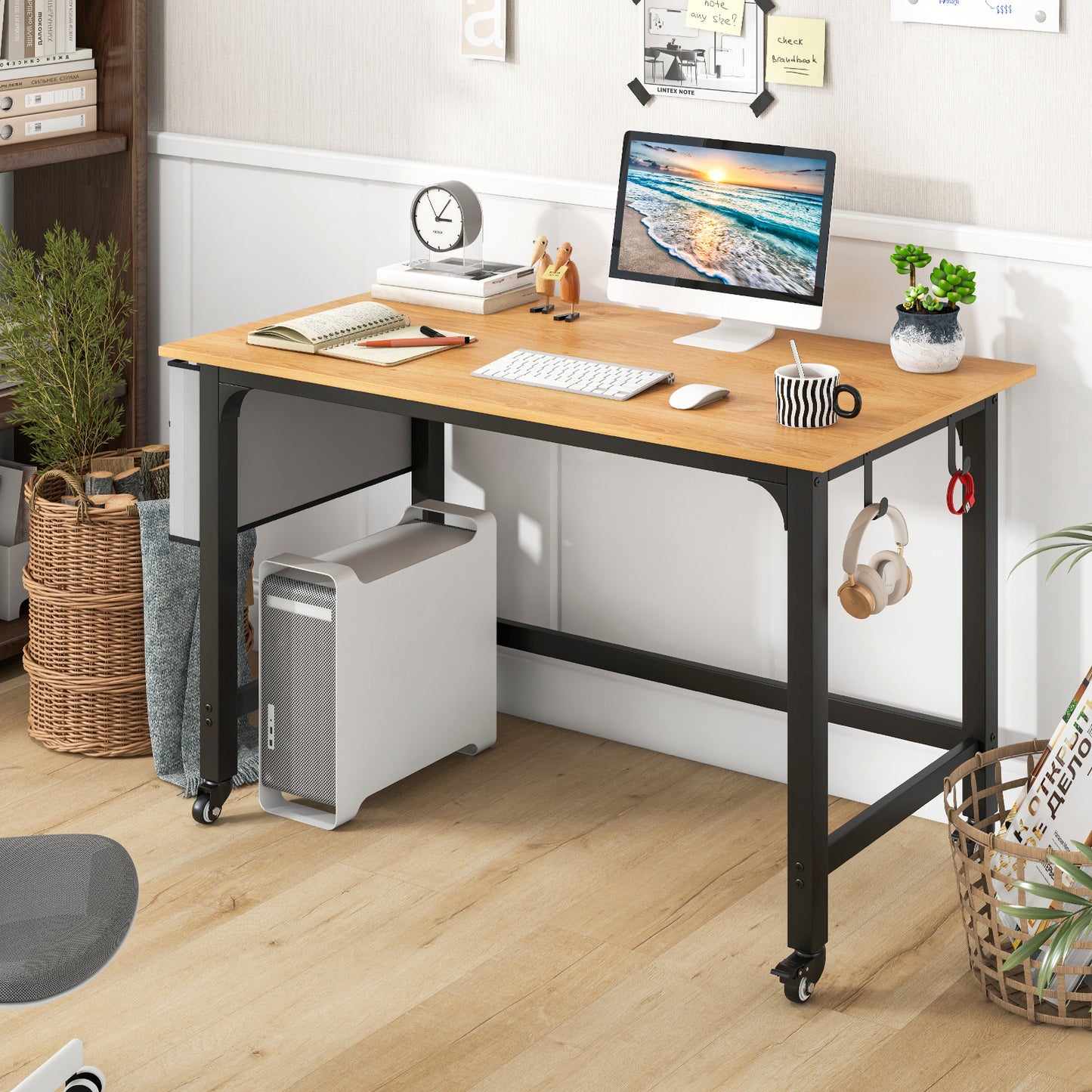 120cm Mobile Computer Desk with Storage Bag and 2 Headphone Hooks-Teak
