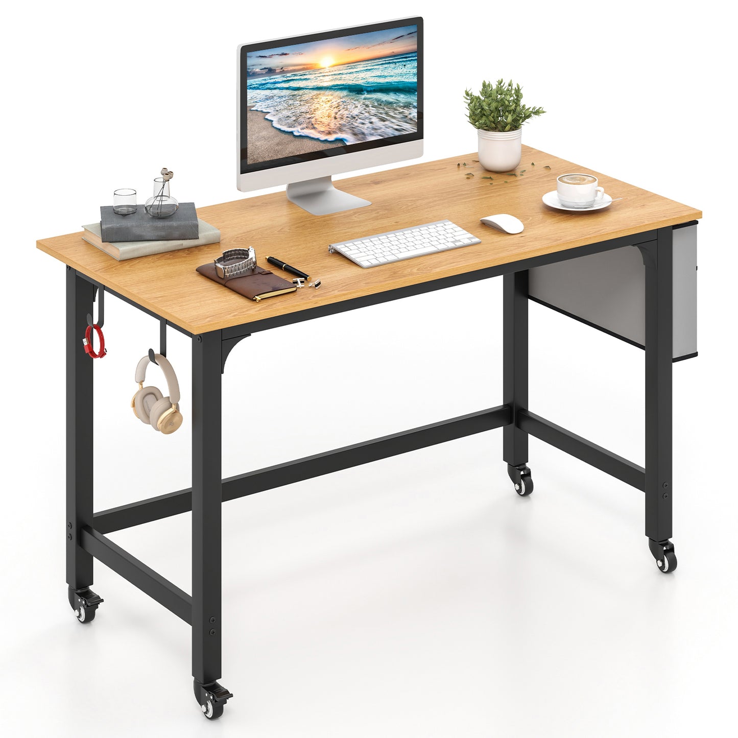 120cm Mobile Computer Desk with Storage Bag and 2 Headphone Hooks-Teak