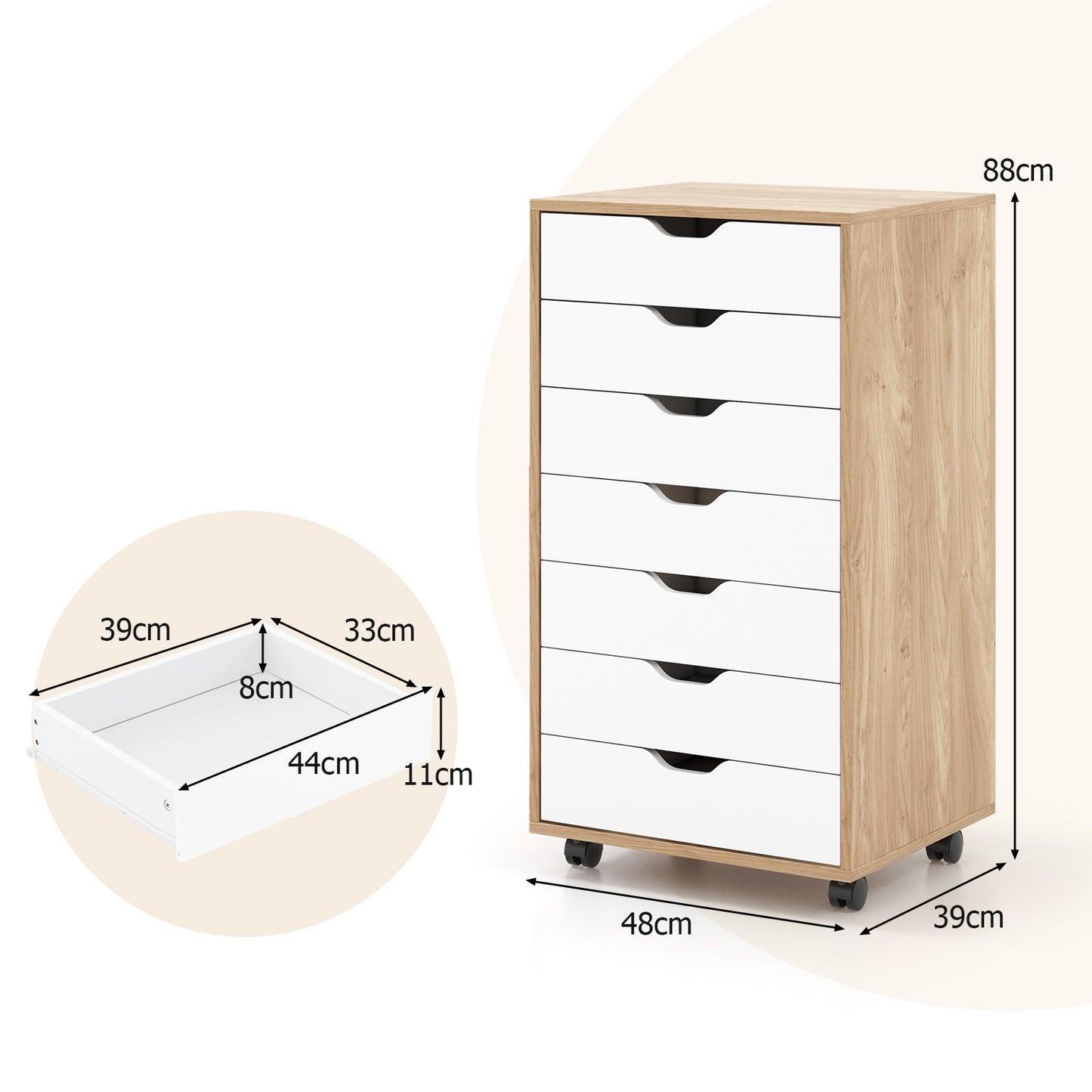 Mobile File Cabinet on Wheels with 7 Drawers-Black