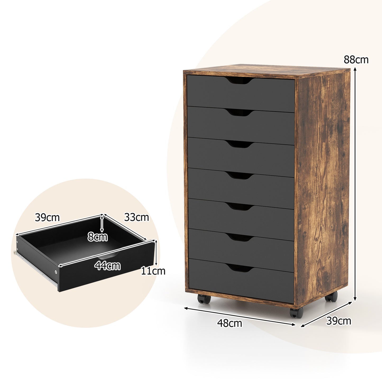 Mobile File Cabinet on Wheels with 7 Drawers-Black