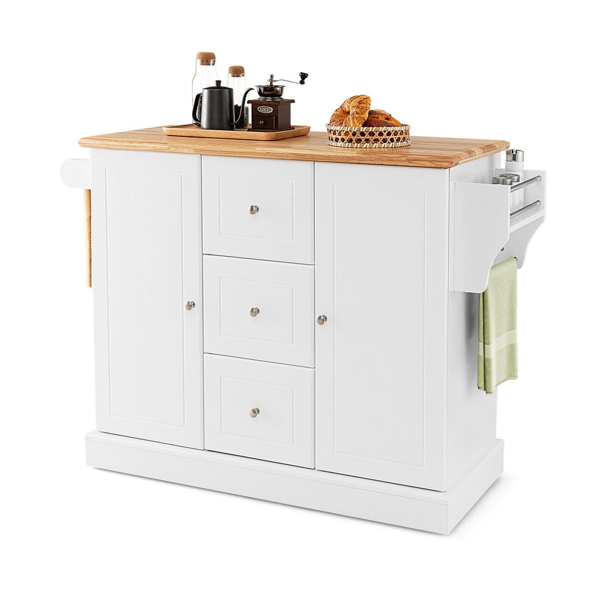 Mobile Kitchen Island Cart with 3 Deep Drawers and 2 Enclosed Cabinets-Black