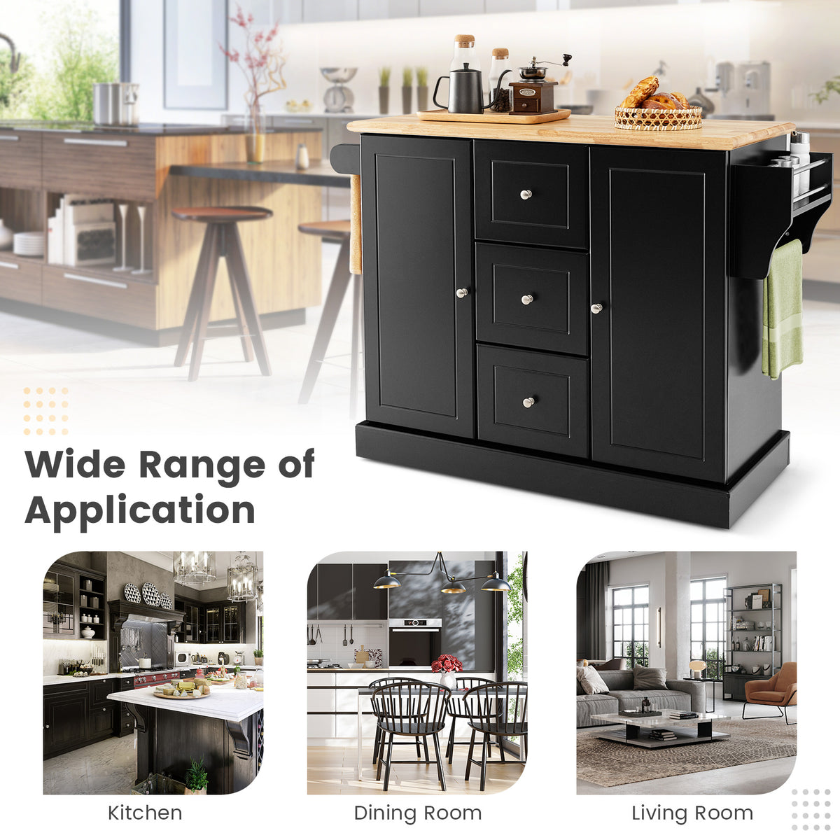 Mobile Kitchen Island Cart with 3 Deep Drawers and 2 Enclosed Cabinets-Black