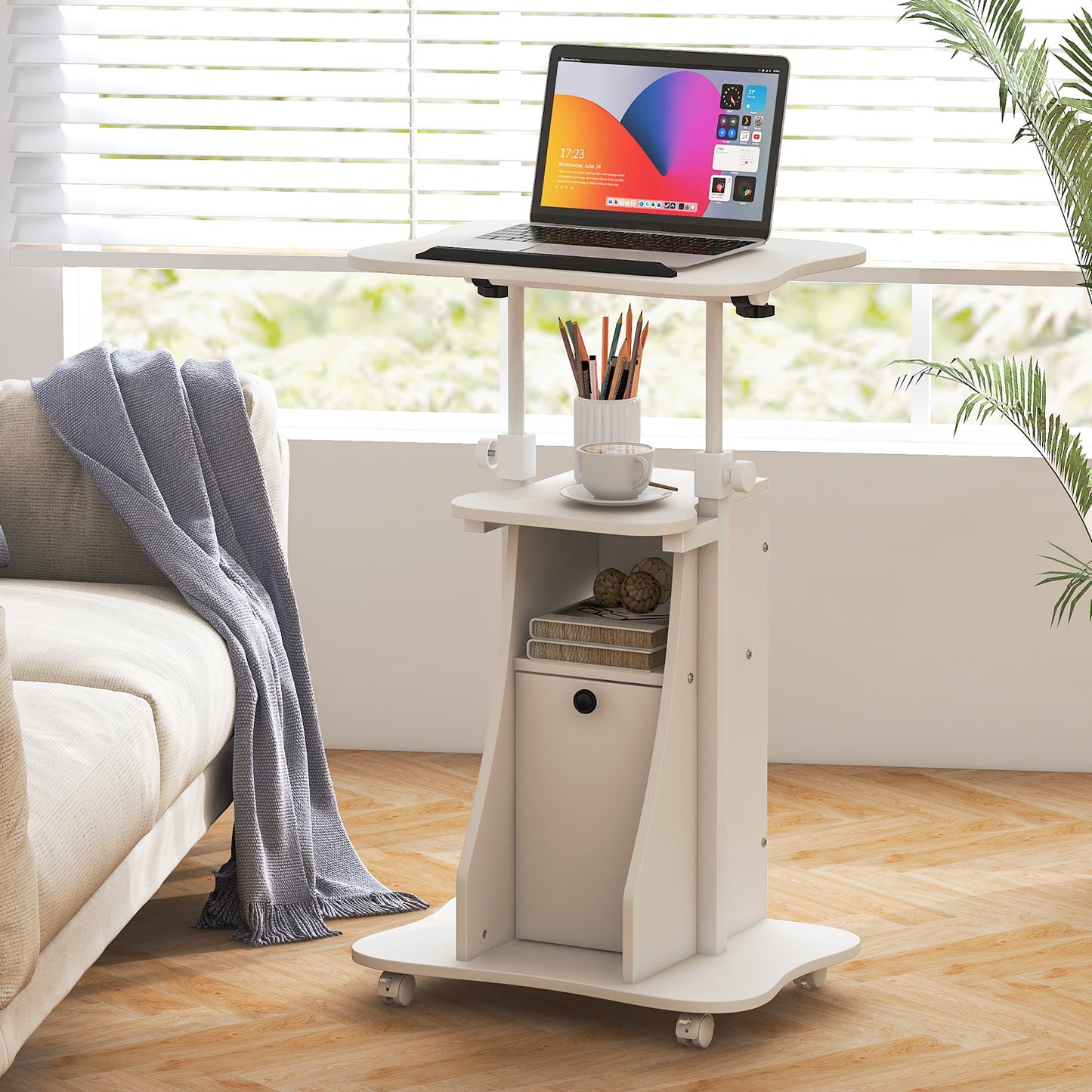 Mobile Laptop Table with Adjustable Height and Storage Cabinet-Black