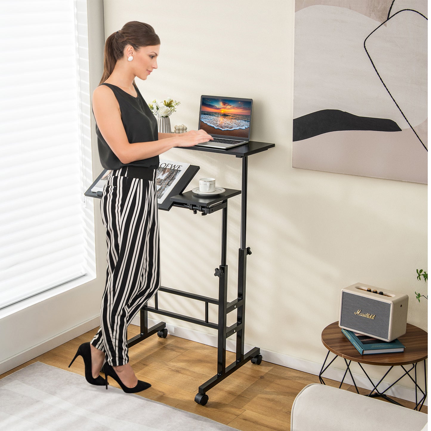 Height Adjustable Workstation with Wheels for Standing or Sitting-Black