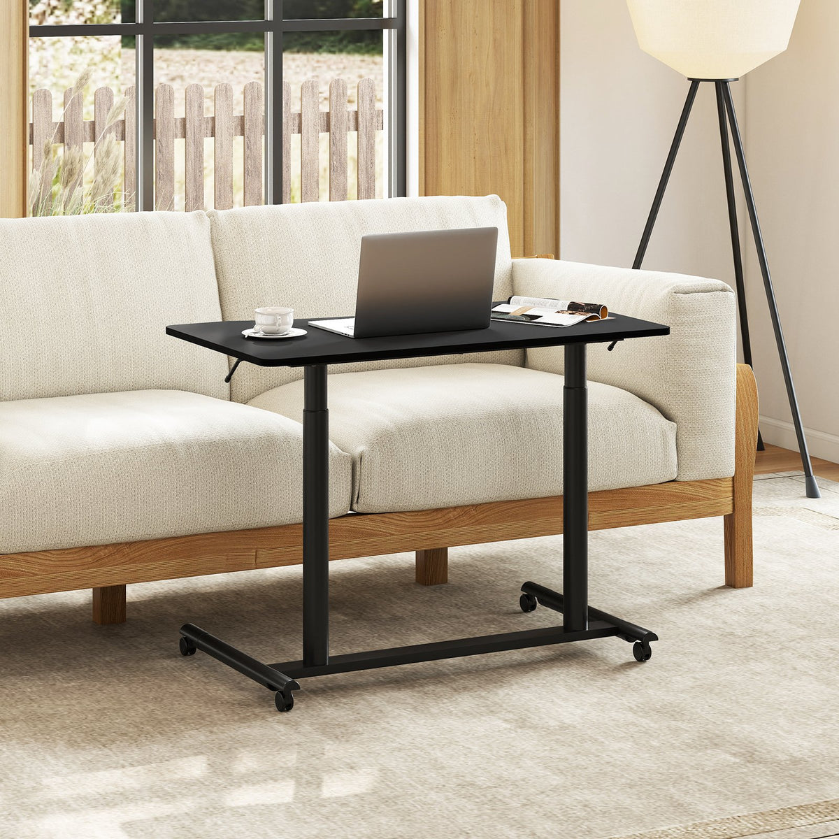 مكتب متحرك على شكل حرف C بقاعدة قائمة مع ارتفاع قابل للتعديل وعجلات قابلة للقفل - أسود