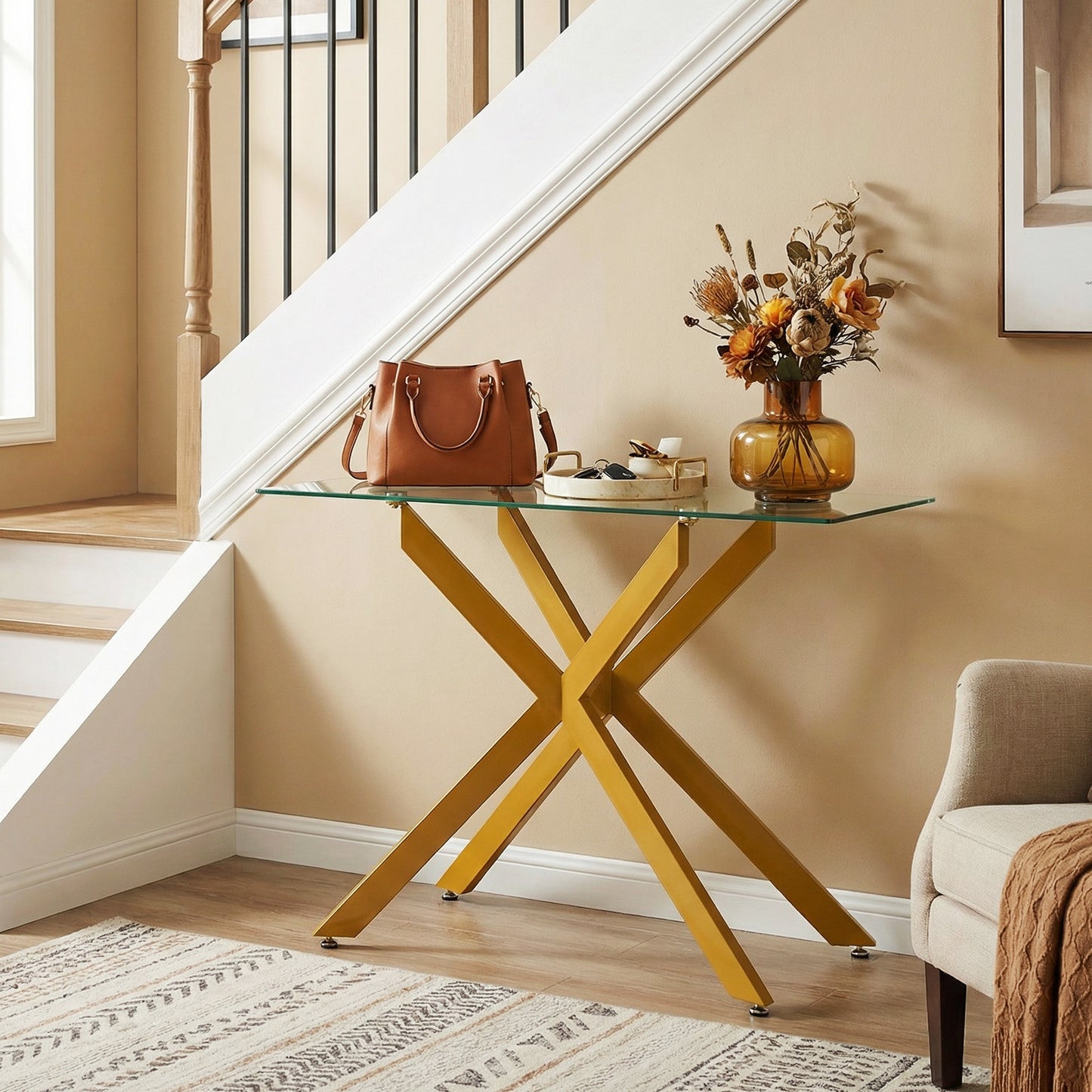 Modern Glass Console Table with Tempered Glass Top and Tubular Legs-Black