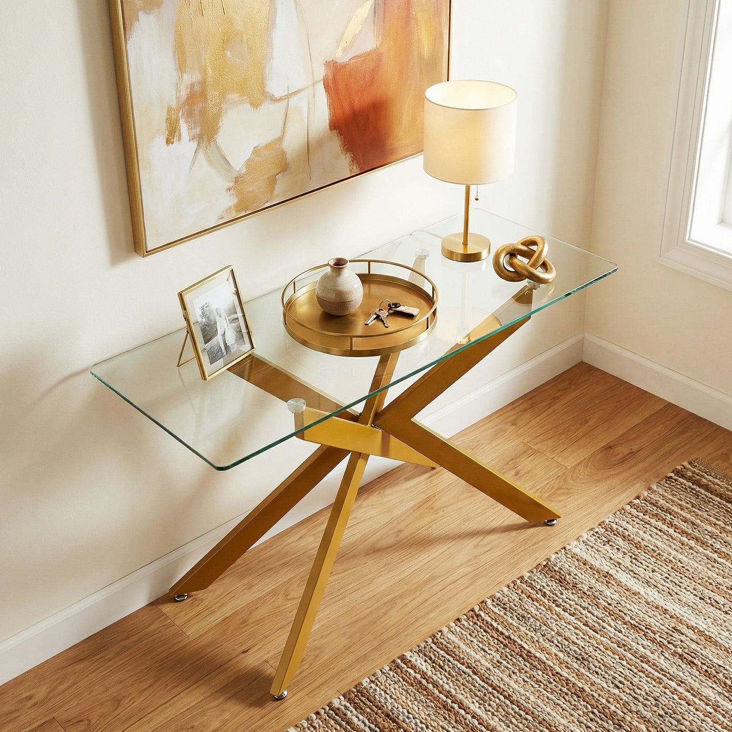 Modern Glass Console Table with Tempered Glass Top and Tubular Legs-Black
