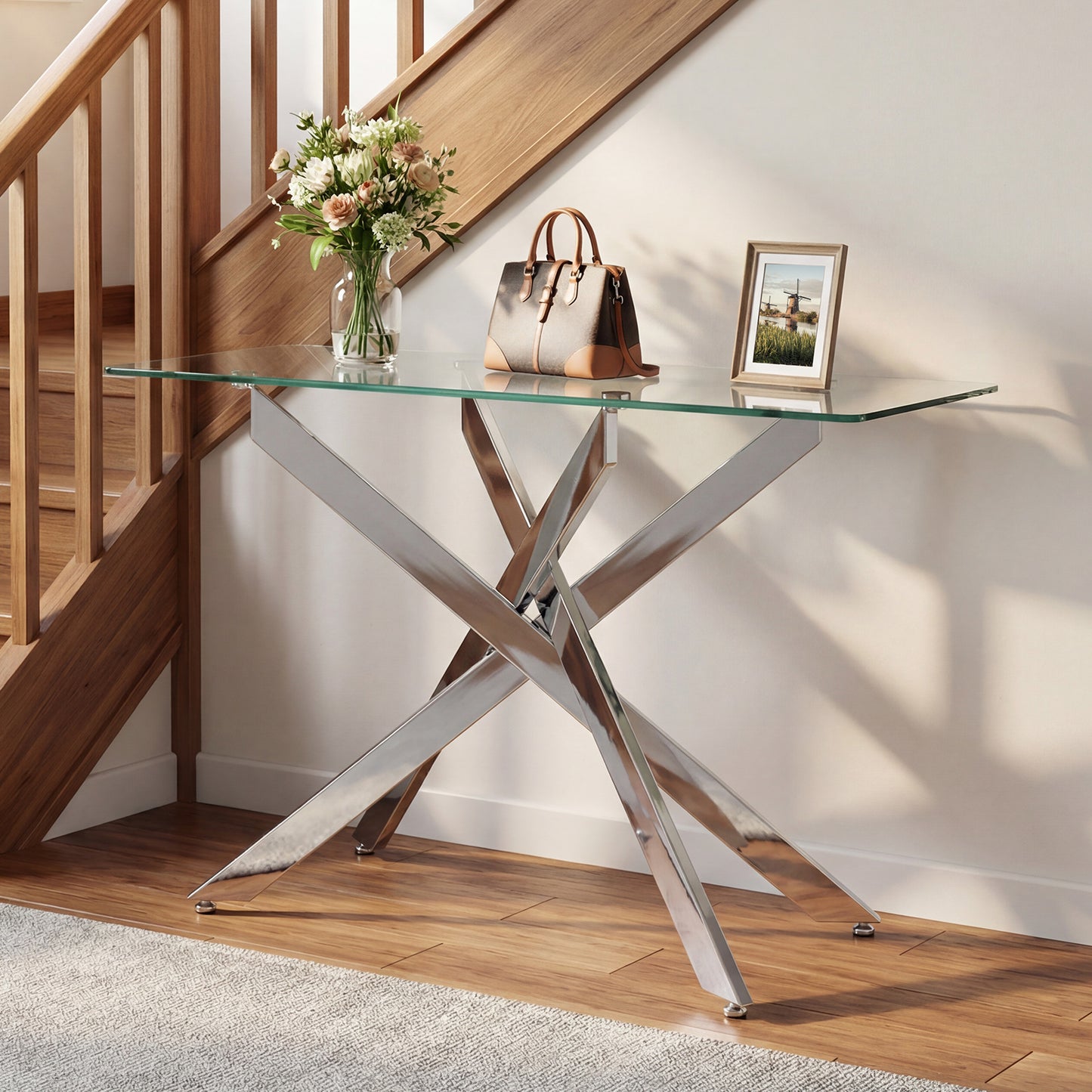 Modern Glass Console Table with Tempered Glass Top and Tubular Legs-Black