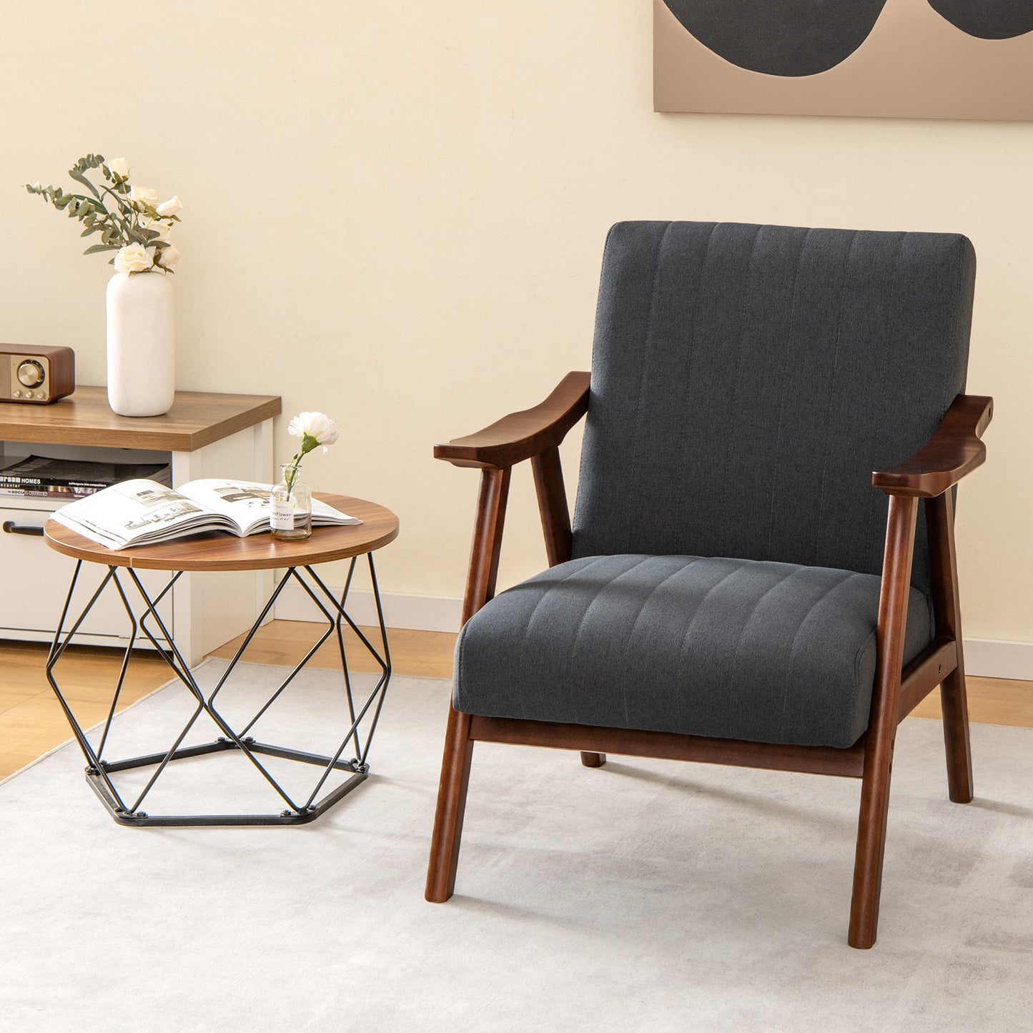 Modern Accent Chair with Armrests and Rubber Wood Frame-Light Grey