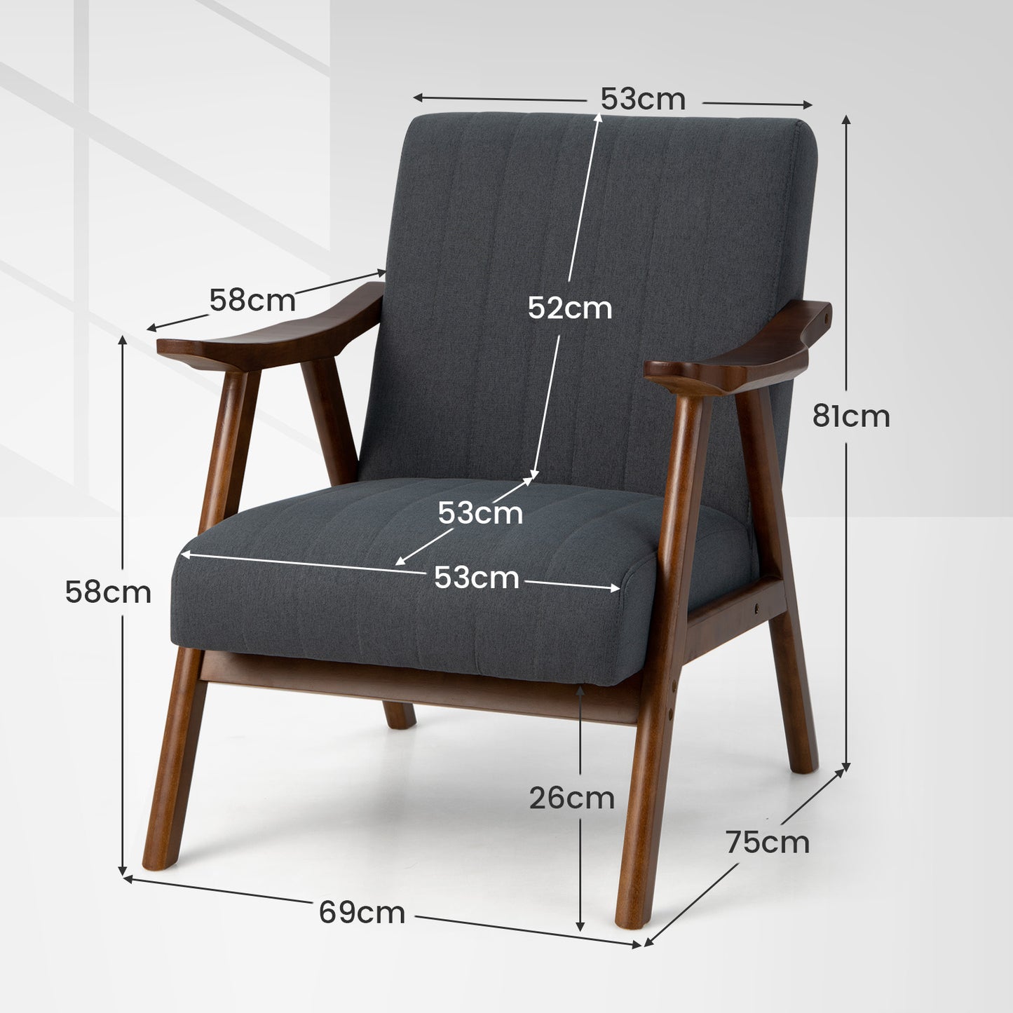 Modern Accent Chair with Armrests and Rubber Wood Frame-Light Grey