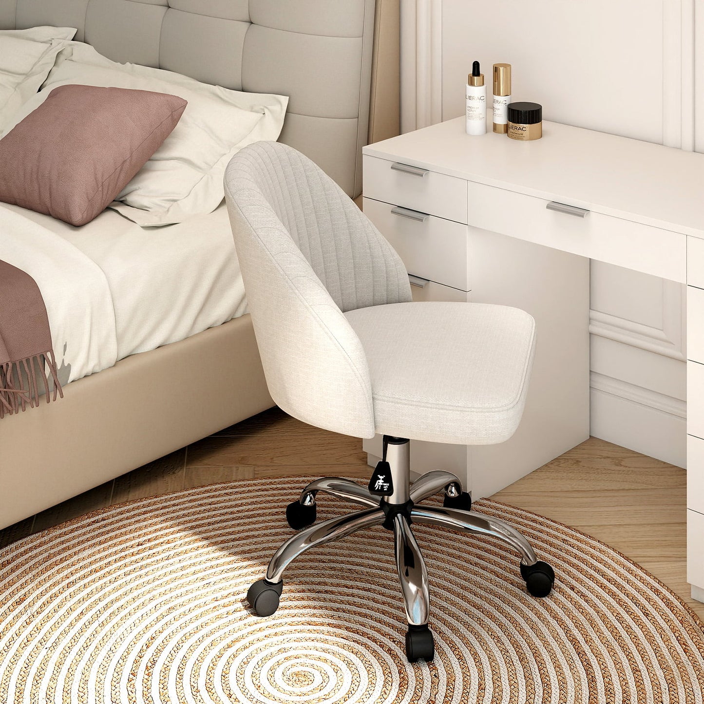 Modern Armless Office Chair with Curved Backrest and Upholstered Seat-Beige