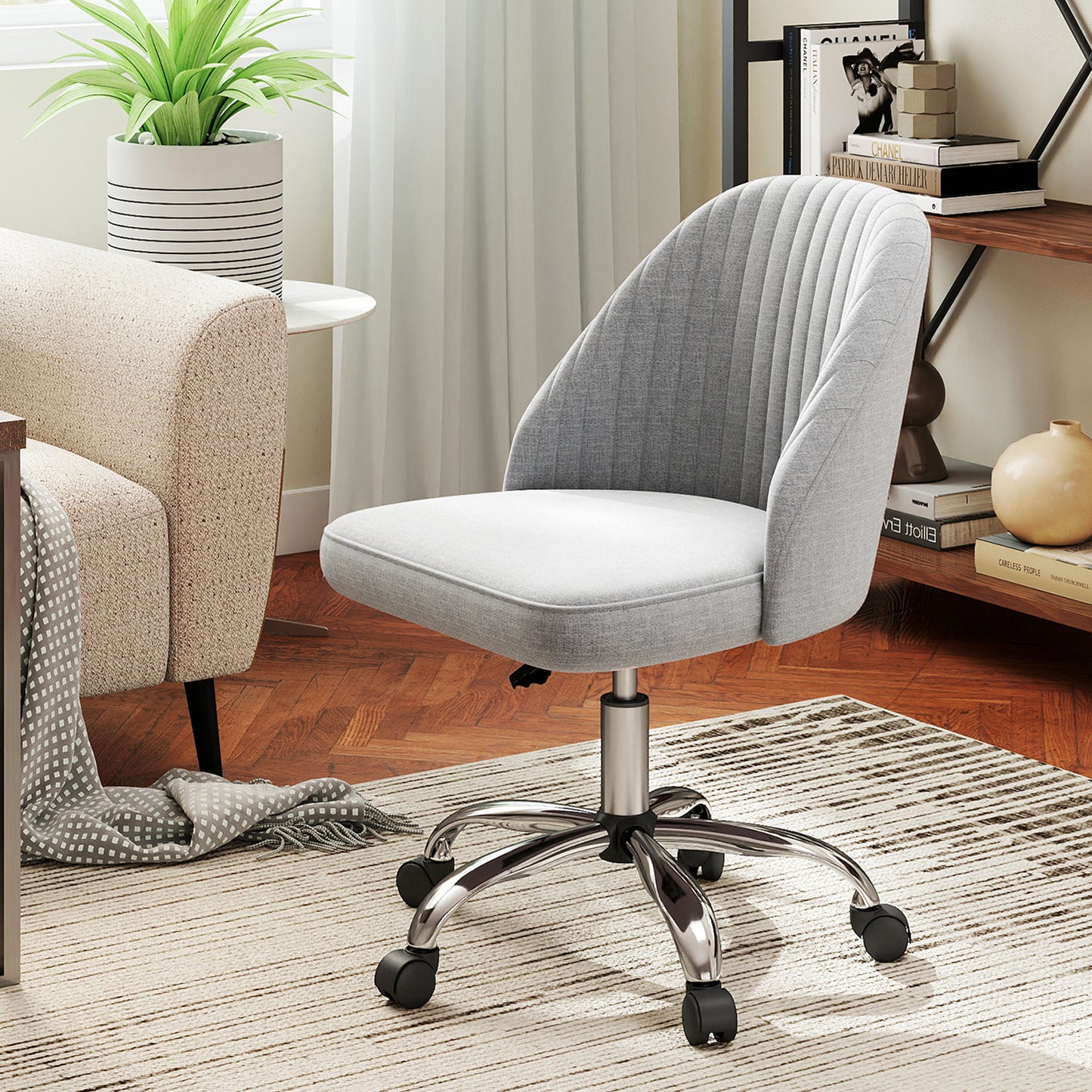 Modern Armless Office Chair with Curved Backrest and Upholstered Seat-Beige