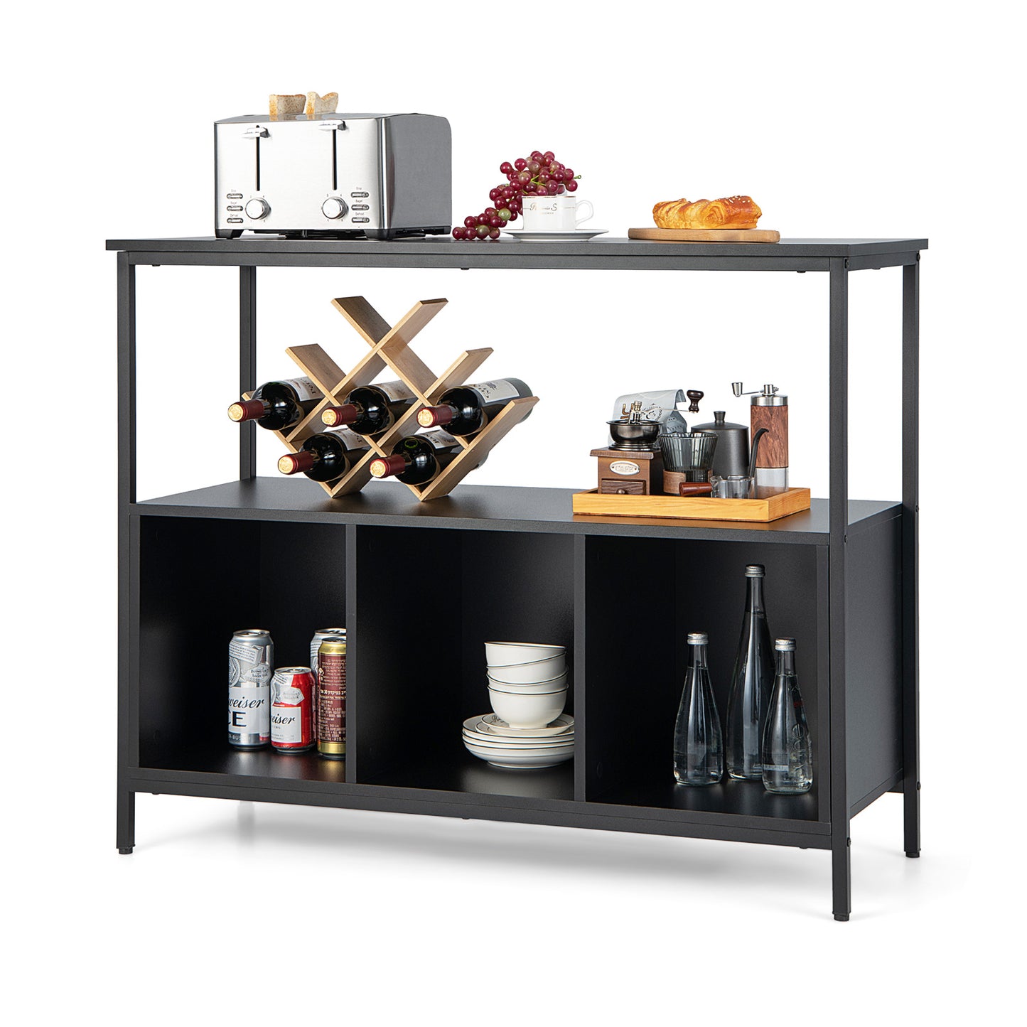 Modern Buffet Sideboard with Steel Frame Open Shelf and 3 Compartments-Rustic Brown
