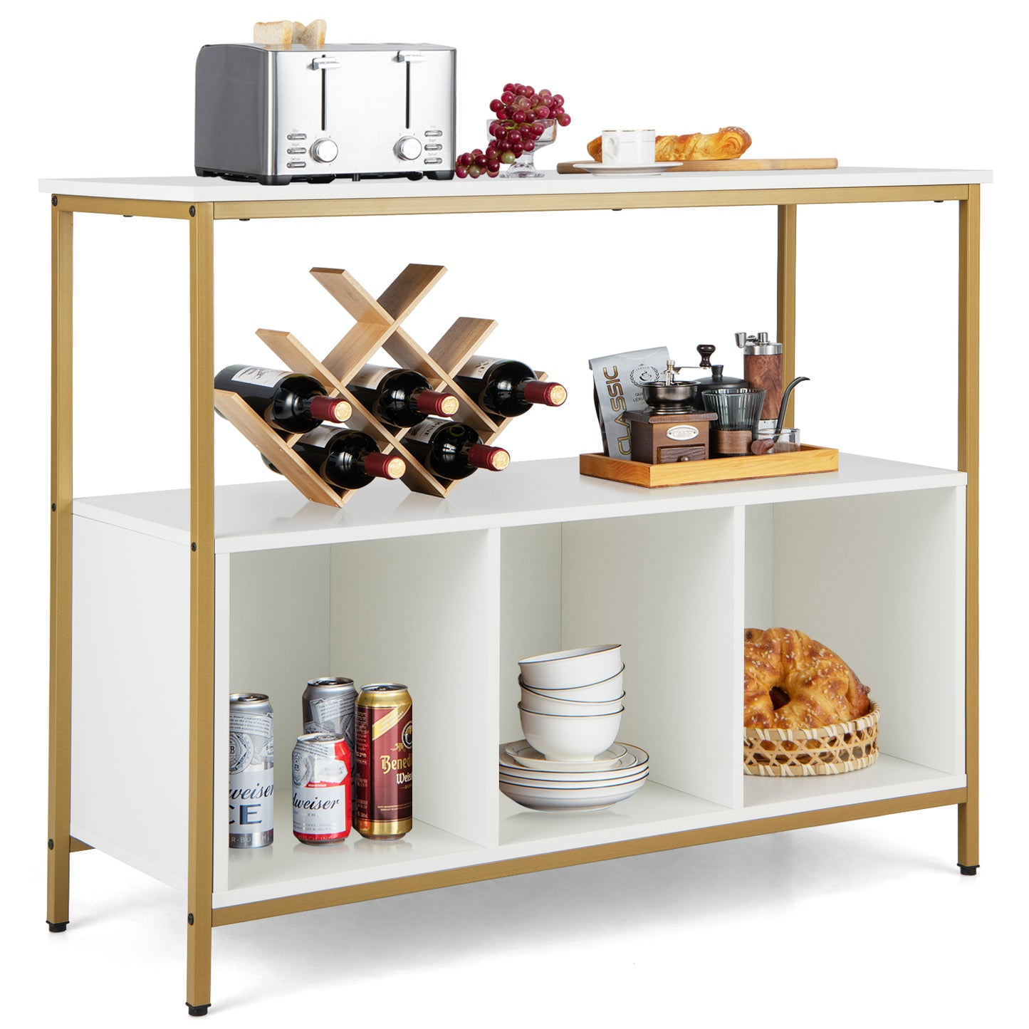 Modern Buffet Sideboard with Steel Frame Open Shelf and 3 Compartments-Rustic Brown