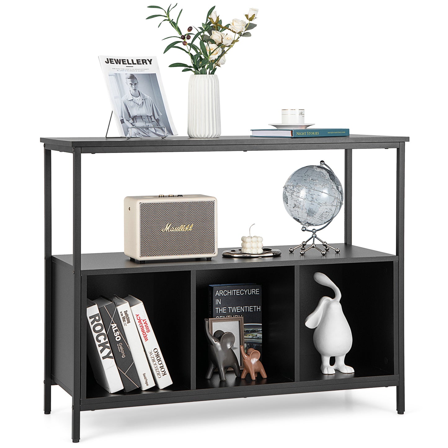 Modern Buffet Sideboard with Steel Frame Open Shelf and 3 Compartments-Rustic Brown
