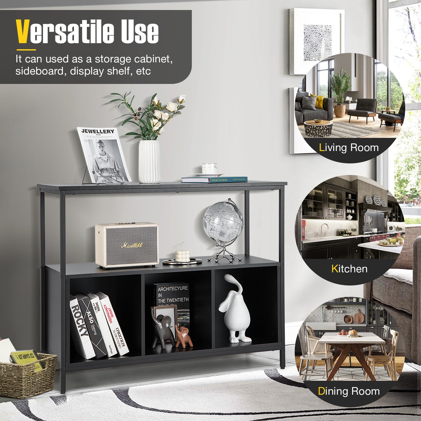 Modern Buffet Sideboard with Steel Frame Open Shelf and 3 Compartments-Rustic Brown