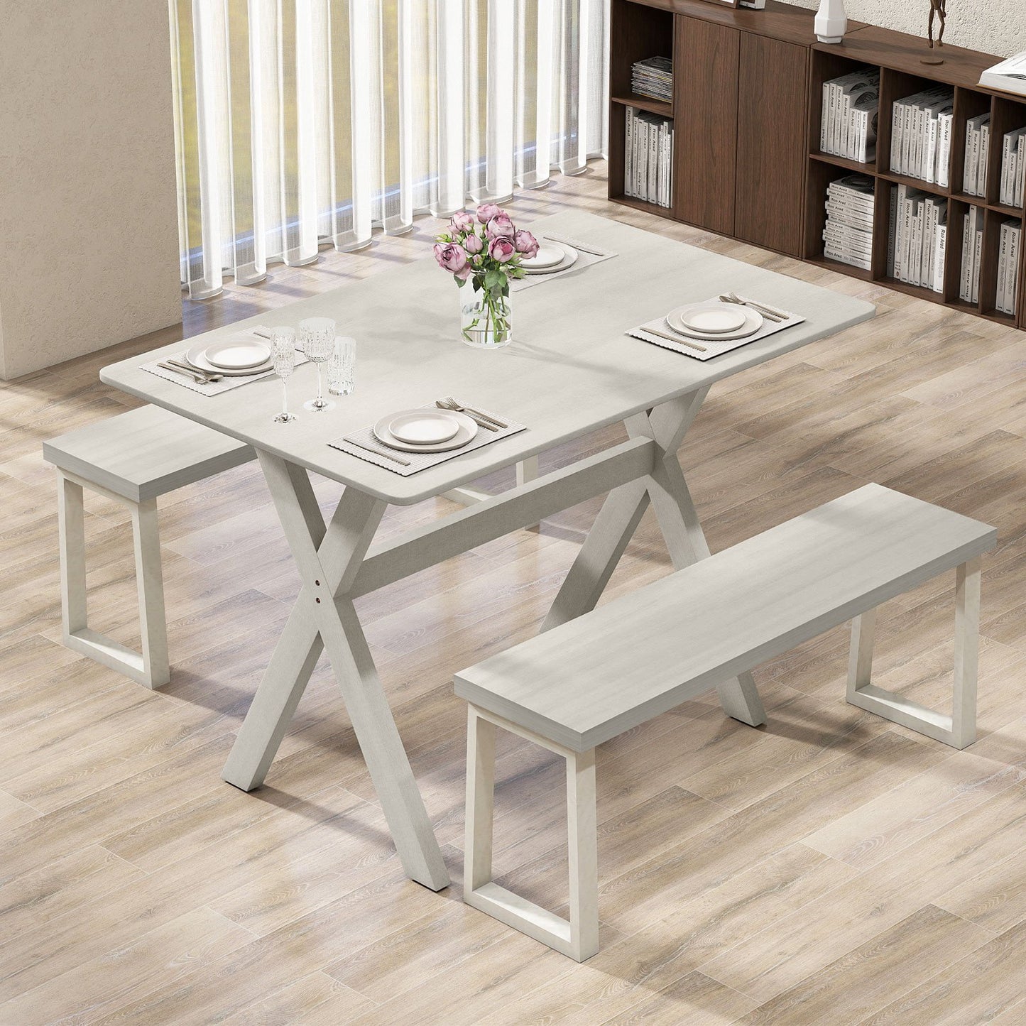Modern Dining Table Wooden Kitchen Table with X-shaped Frame and with Wood Grain Texture Tabletop-Brown