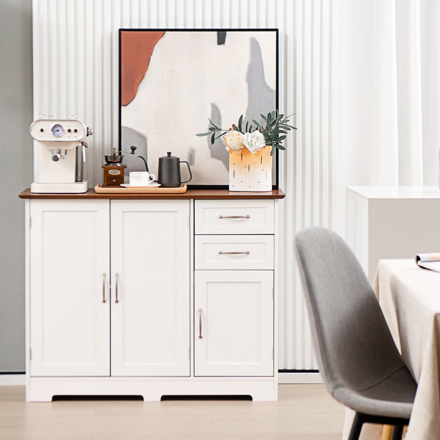 Modern Kitchen Sideboard Storage Cabinet with Adjustable Shelf and Drawers-Black