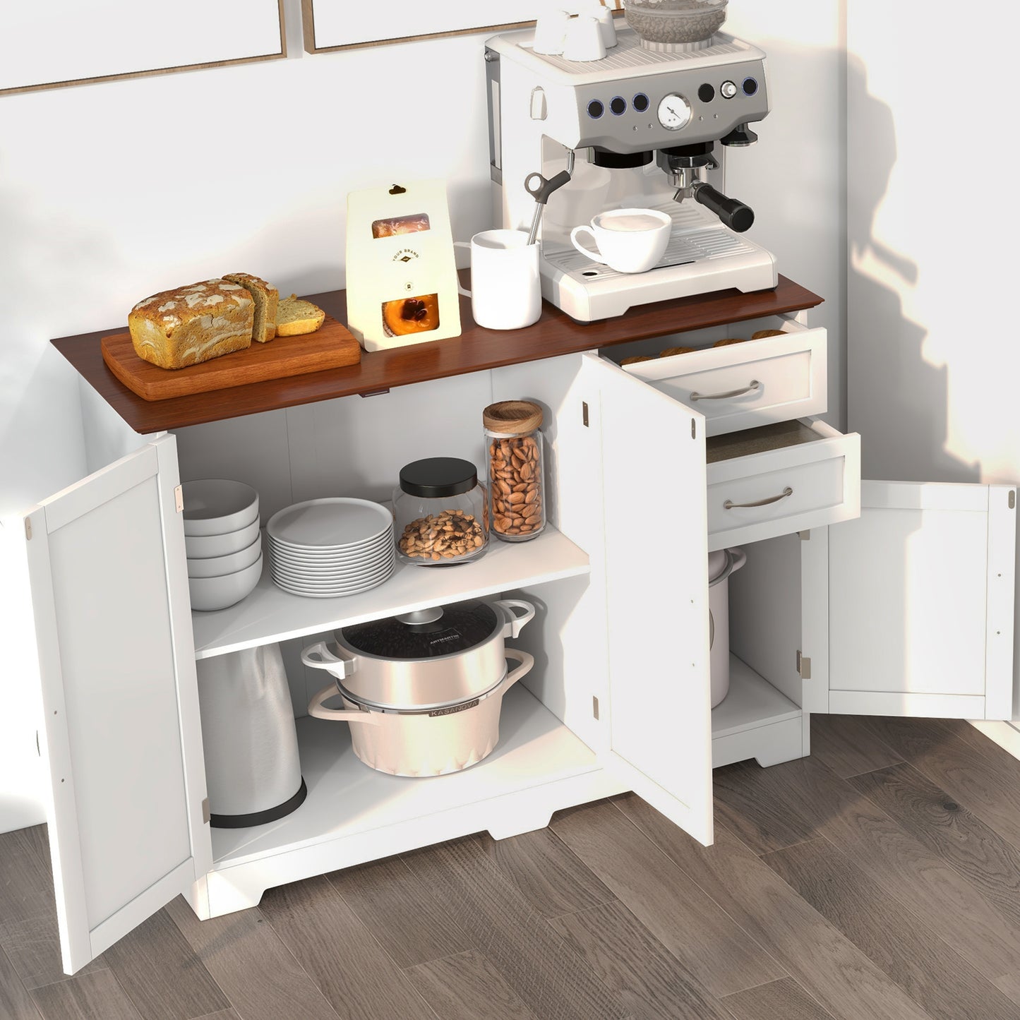 Modern Kitchen Sideboard Storage Cabinet with Adjustable Shelf and Drawers-Black