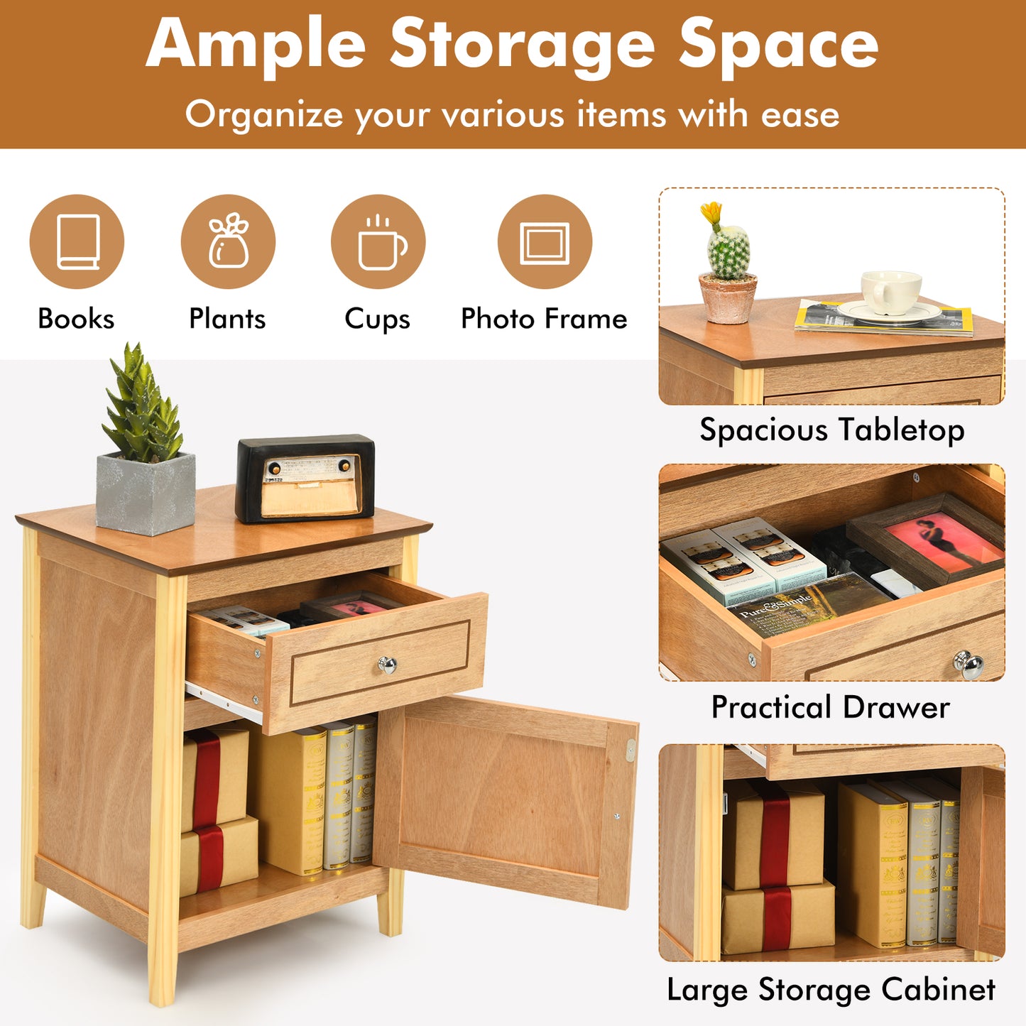 2-Tier Modern Badroom Nightstand with Drawer-Espresso