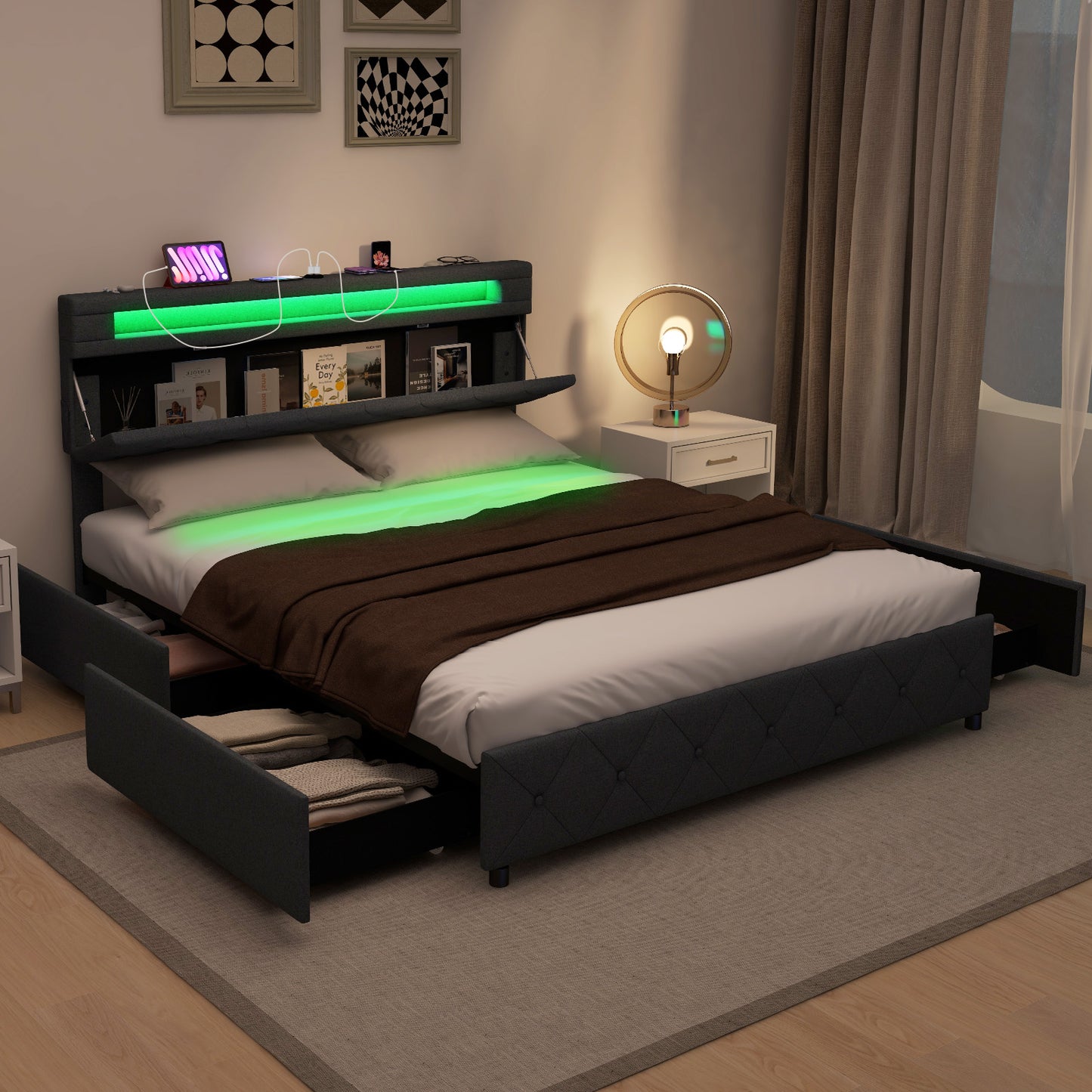 Modern Upholstered Bed Frame with Led Lights and Charging Station-Double Size