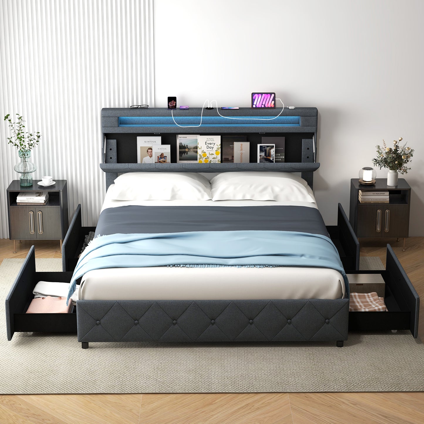 Modern Upholstered Bed Frame with Led Lights and Charging Station-Double Size