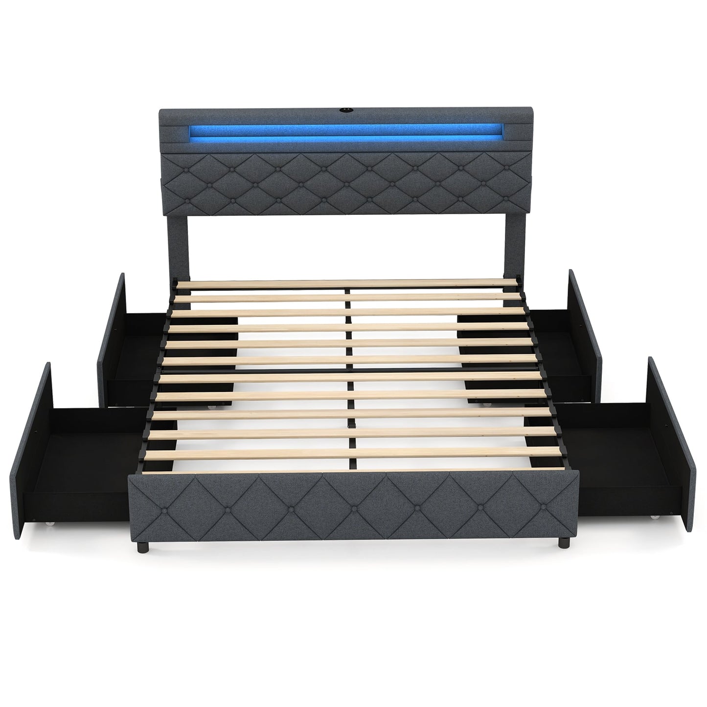 Modern Upholstered Bed Frame with Led Lights and Charging Station-Double Size