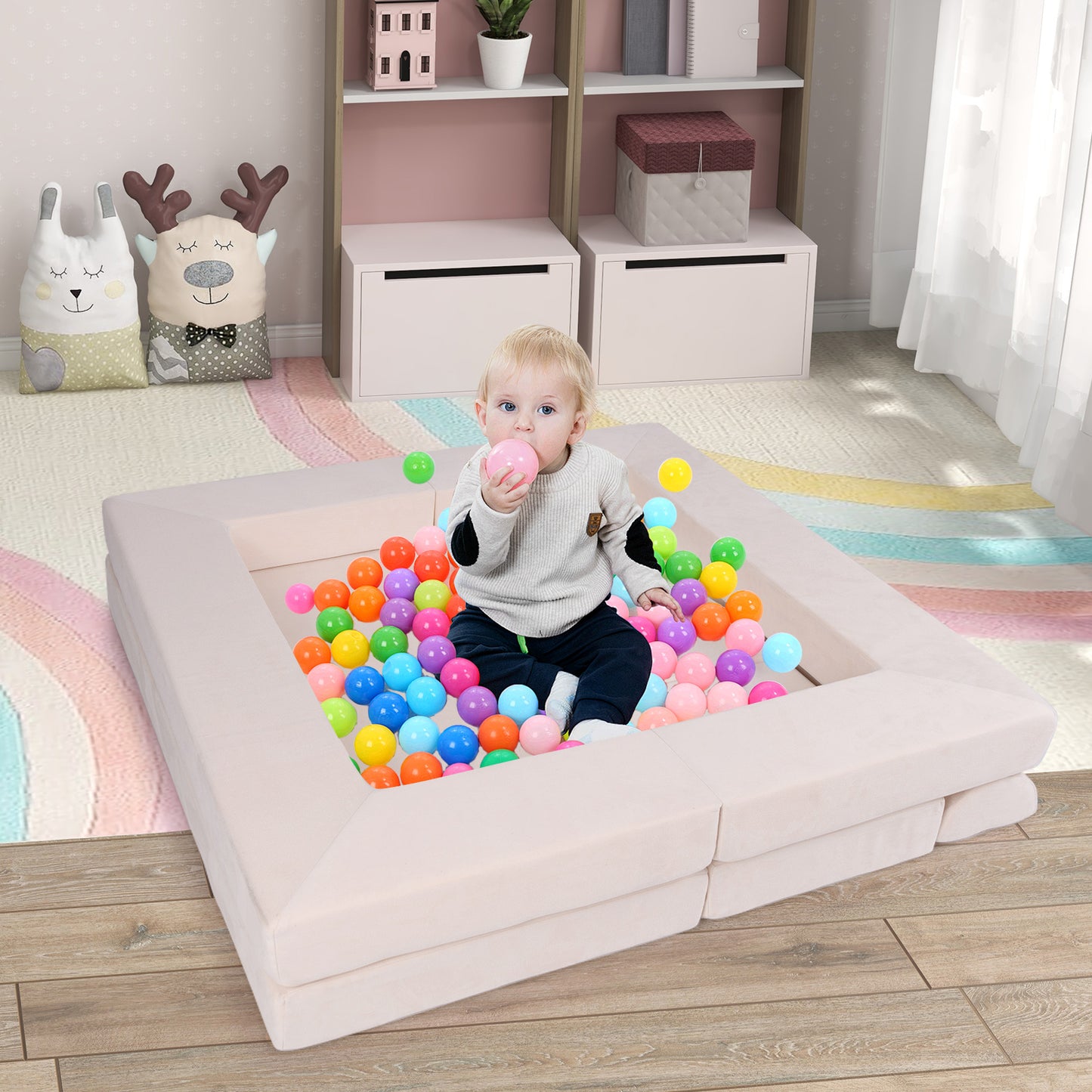 9-Piece Modular Kids Play Couch with Breathable Suede Fabric for Kids-Beige