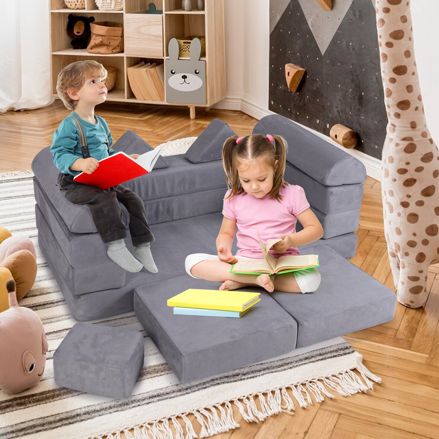 9-Piece Modular Kids Play Couch with Breathable Suede Fabric for Kids-Beige