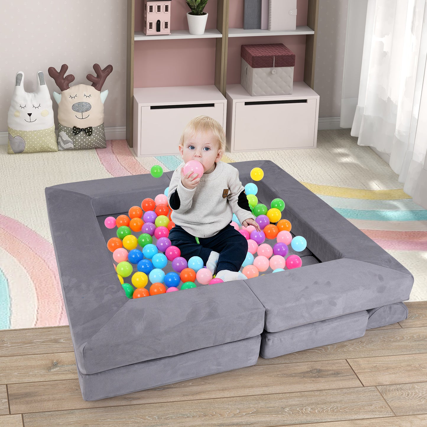 9-Piece Modular Kids Play Couch with Breathable Suede Fabric for Kids-Beige