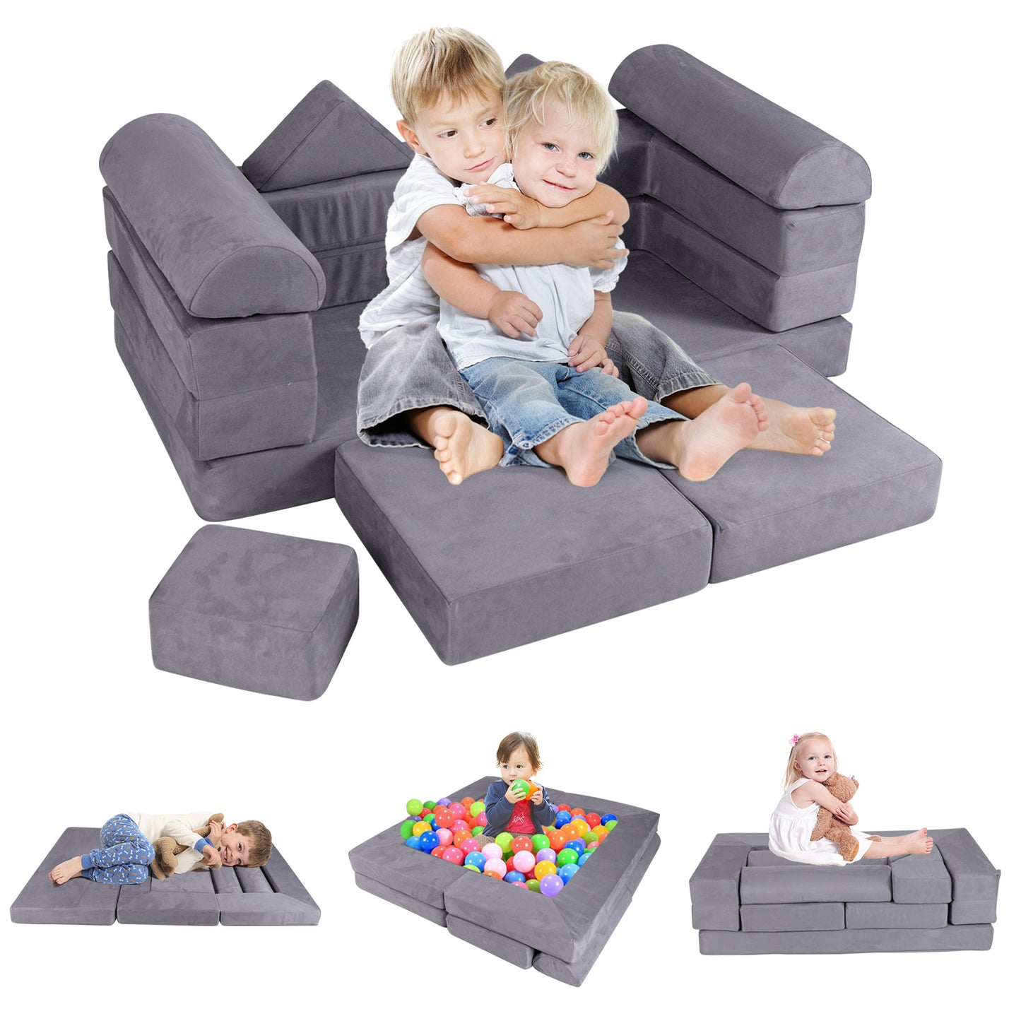 9-Piece Modular Kids Play Couch with Breathable Suede Fabric for Kids-Beige