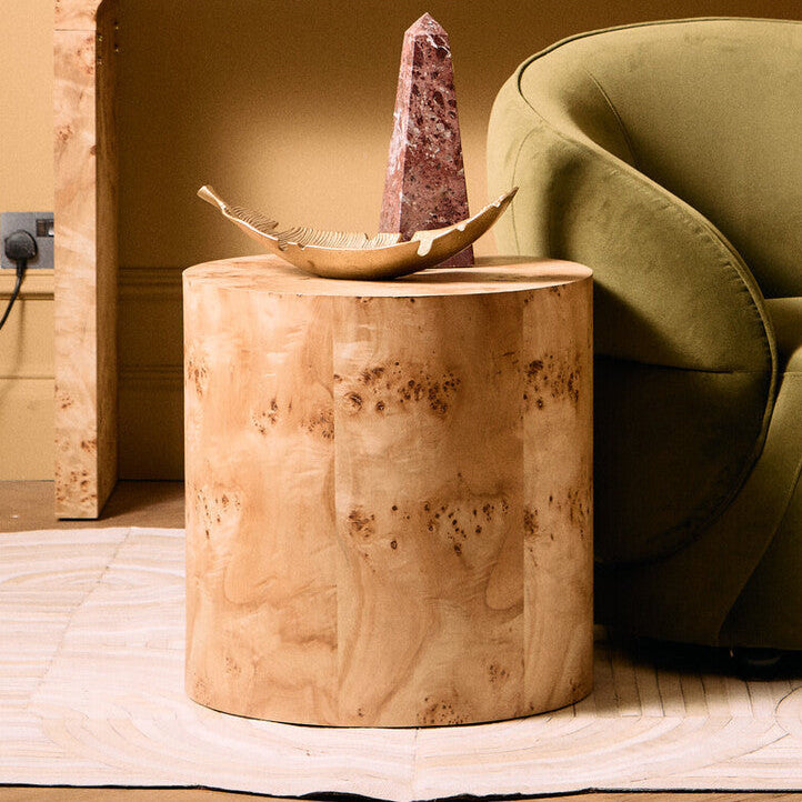 Natural Burl Wood Round Side Table with Drum Shape Design, Mota