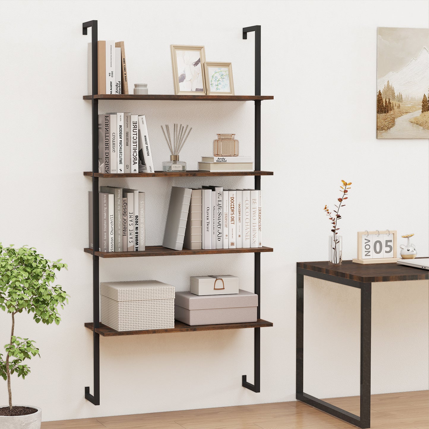 4-Tier Wall-Mounted Bookshelf with Metal Frame for Living Room-Black