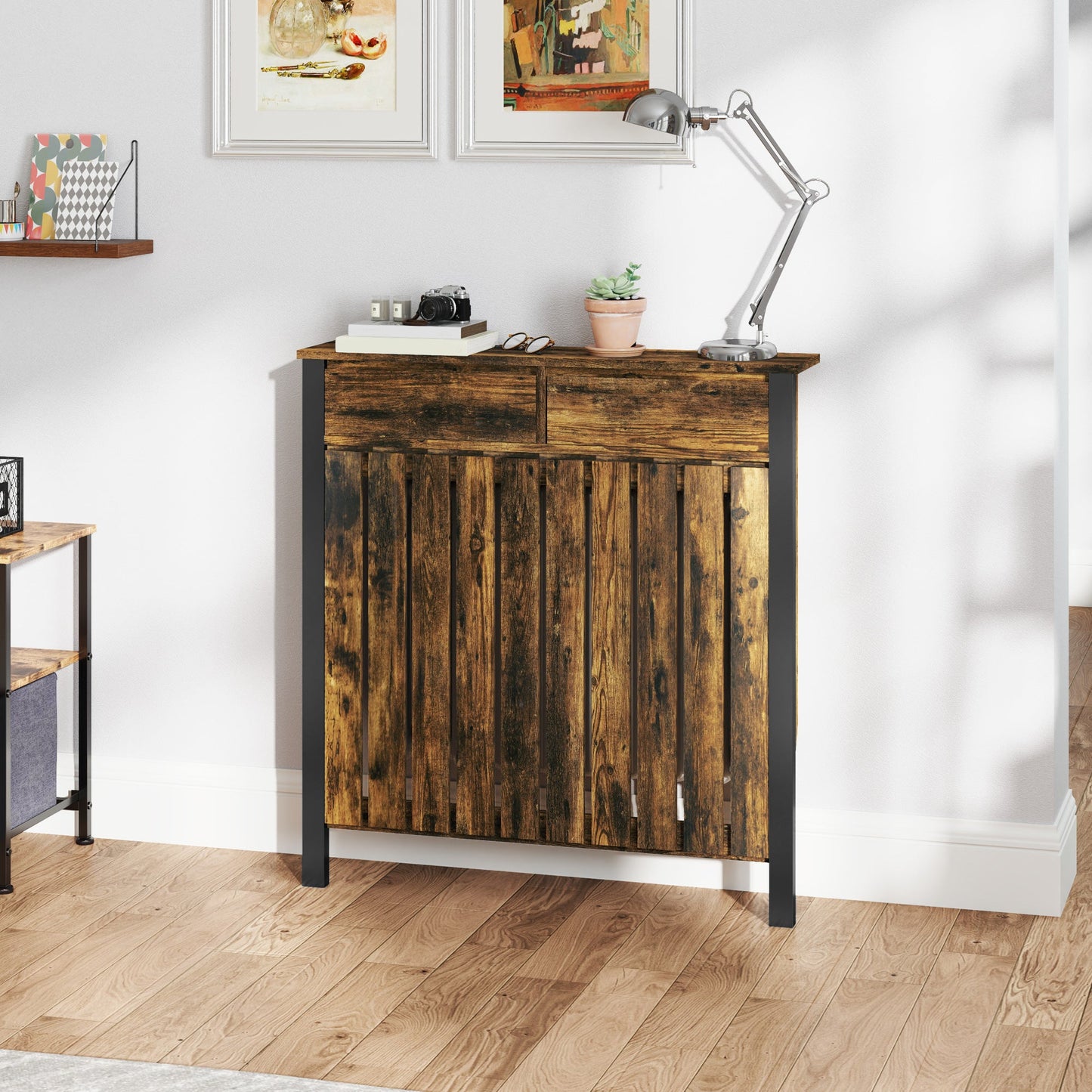 HOMCOM Small Radiator Cover with Drawer and Vertical Slats 88.5 x 19 x 93cm