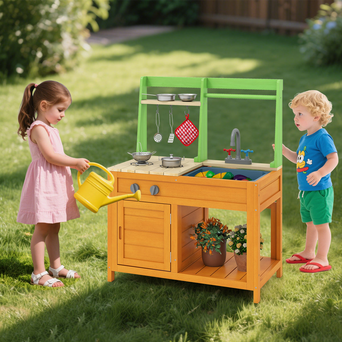 Outdoor Play Kitchen with Realistic Stoves and Cookware Accessories-Orange