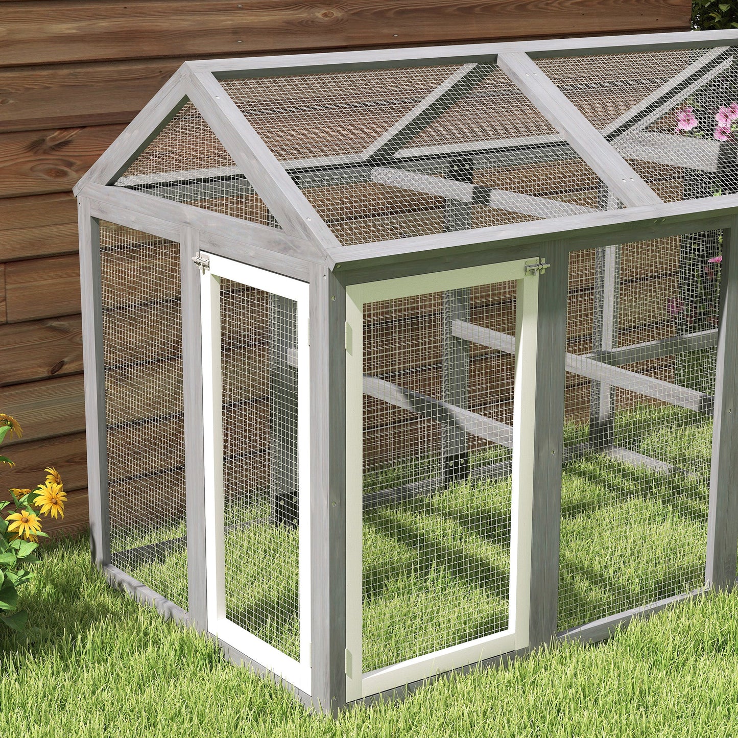 PawHut Chicken Run, Wooden Chicken Coop w/ Combinable Design - Grey