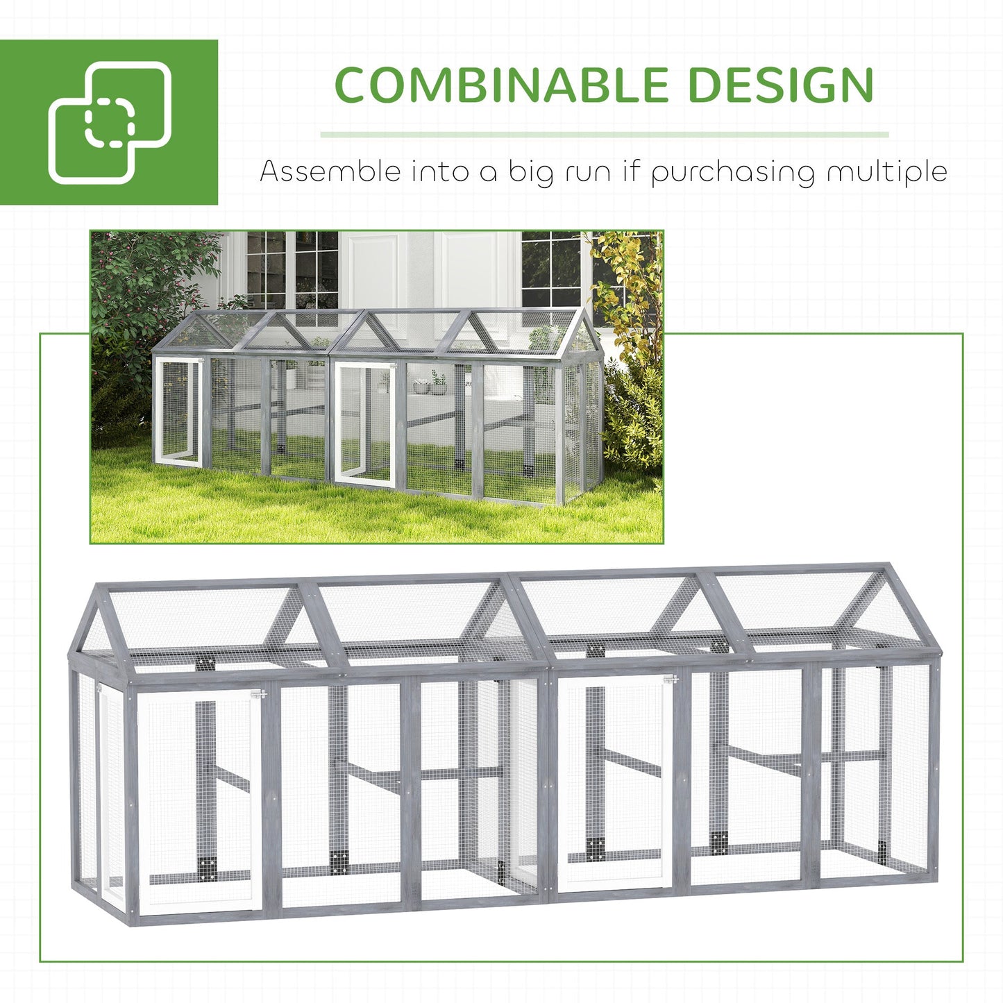 PawHut Chicken Run, Wooden Chicken Coop w/ Combinable Design - Grey