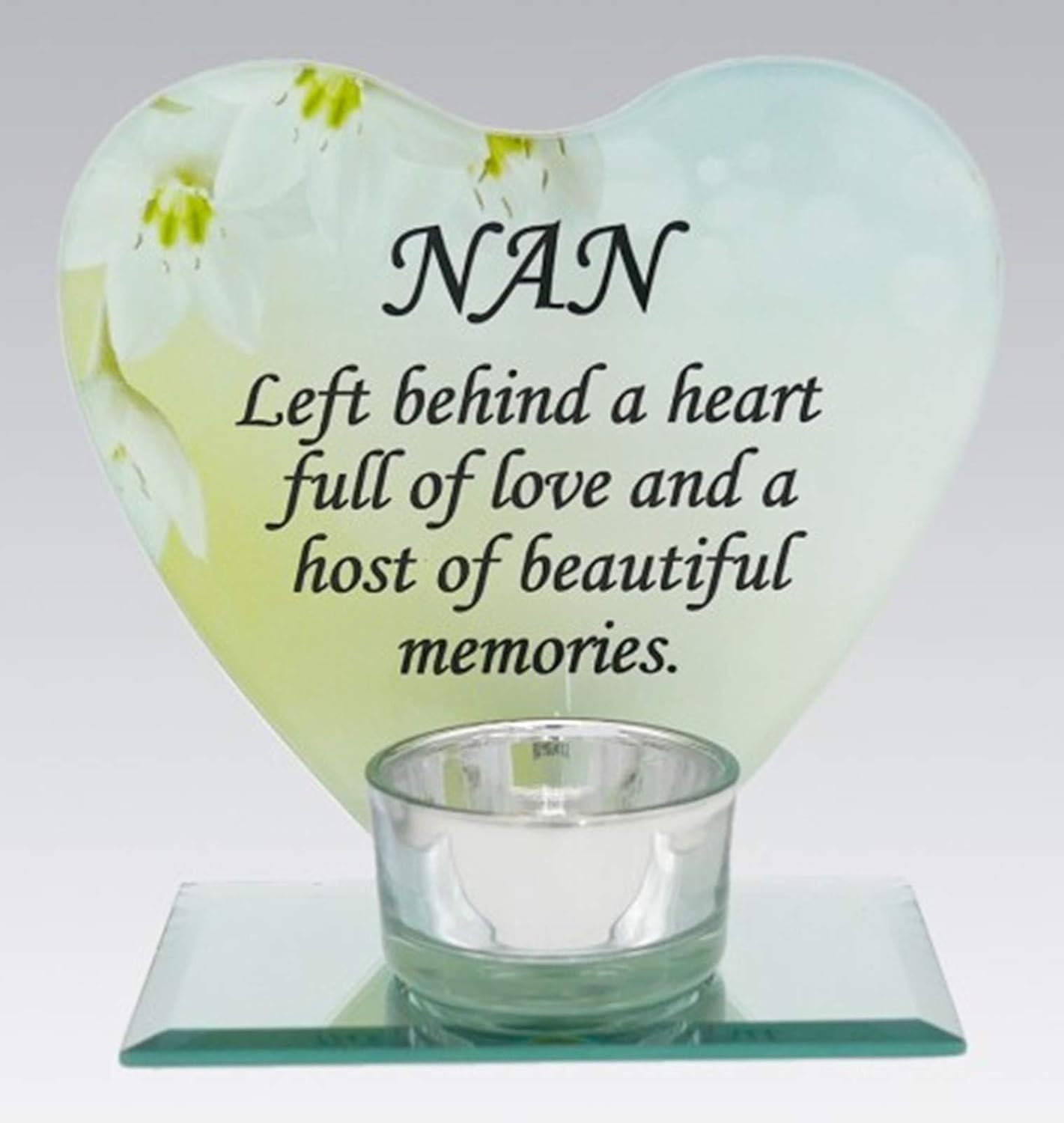 NAN Glass Heart Memorial Plaque Tealight Candle Holder Floral