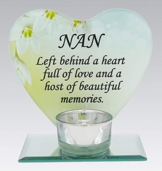 NAN Glass Heart Memorial Plaque Tealight Candle Holder Floral