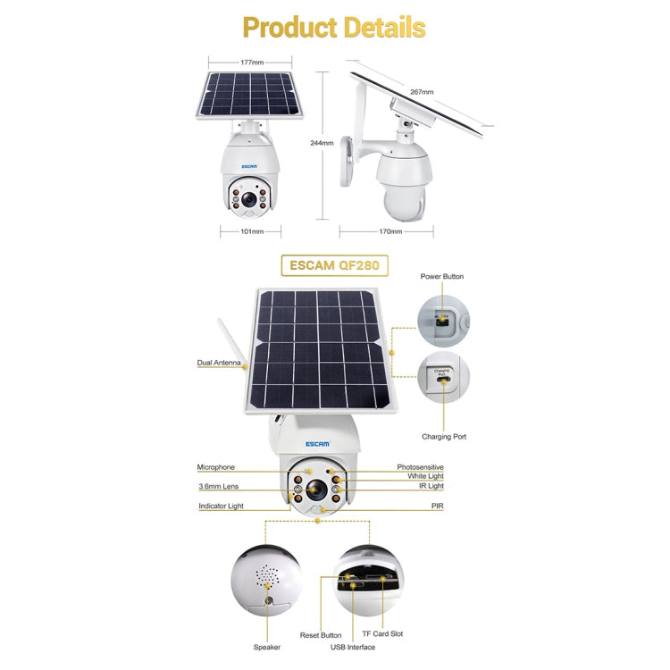 ESCAM QF280 HD 1080P IP66 Waterproof WiFi Solar Panel PT IP Camera without Battery, Support Night Vision / Motion Detection / TF Card / Two Way Audio (White)