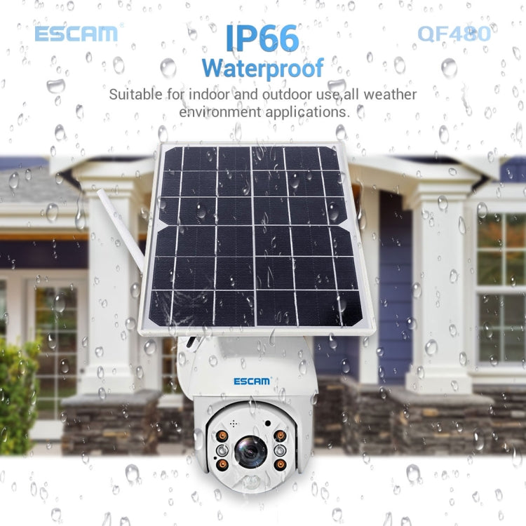 ESCAM QF480 EU Version HD 1080P IP66 Waterproof 4G Solar Panel PT IP Camera without Battery, Support Night Vision / Motion Detection / TF Card / Two Way Audio (White)