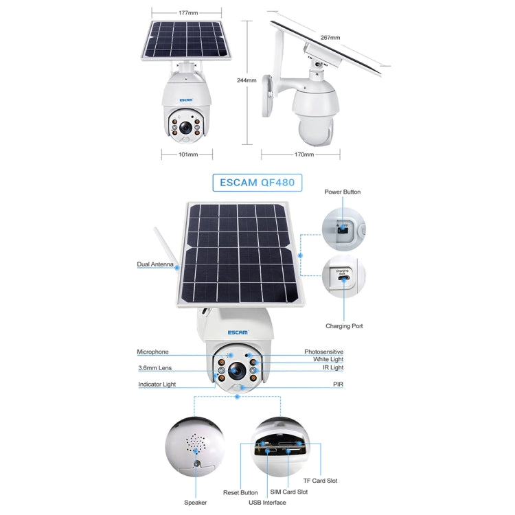 ESCAM QF480 EU Version HD 1080P IP66 Waterproof 4G Solar Panel PT IP Camera without Battery, Support Night Vision / Motion Detection / TF Card / Two Way Audio (White)